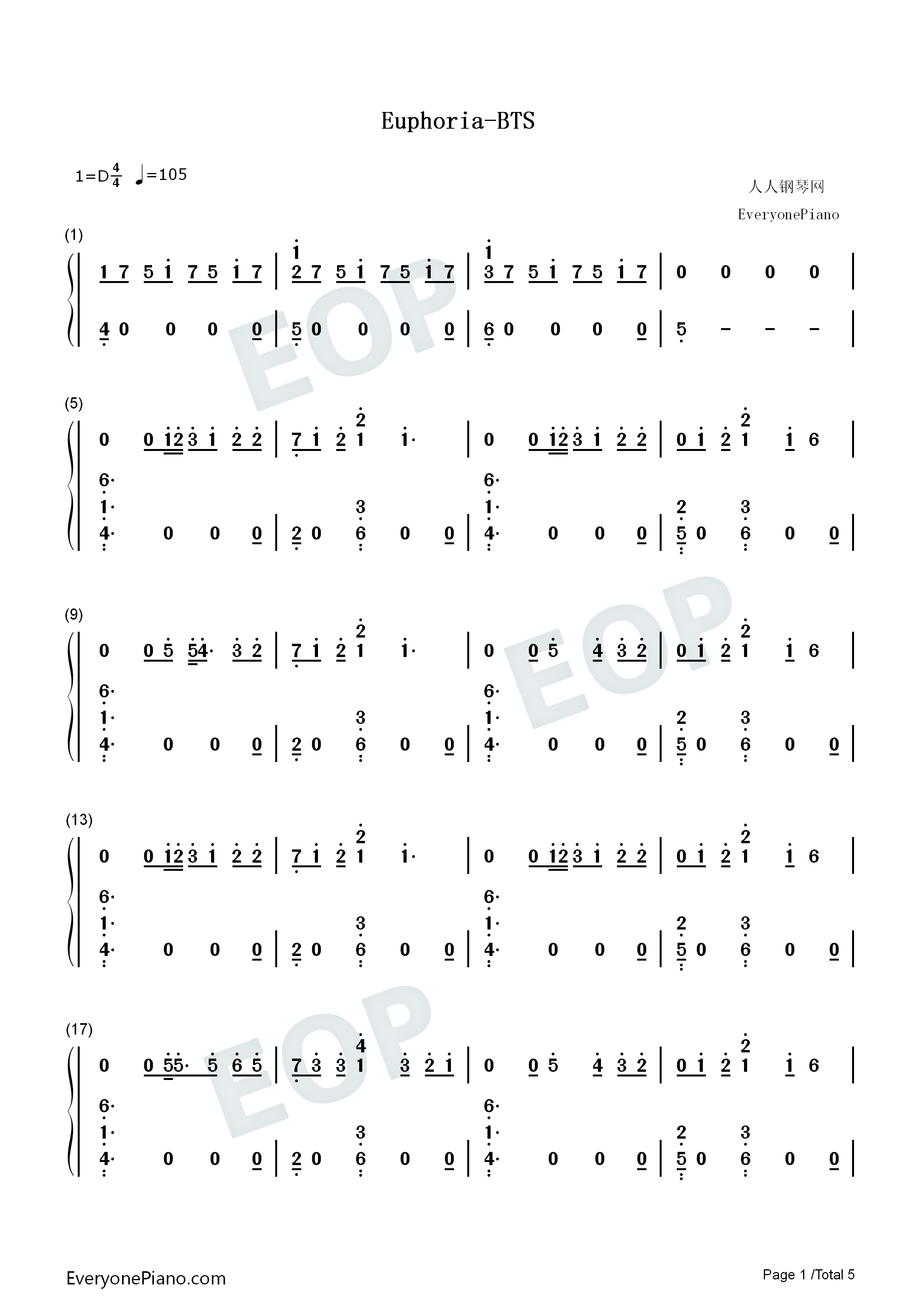 Euphoria钢琴简谱_防弹少年团演唱