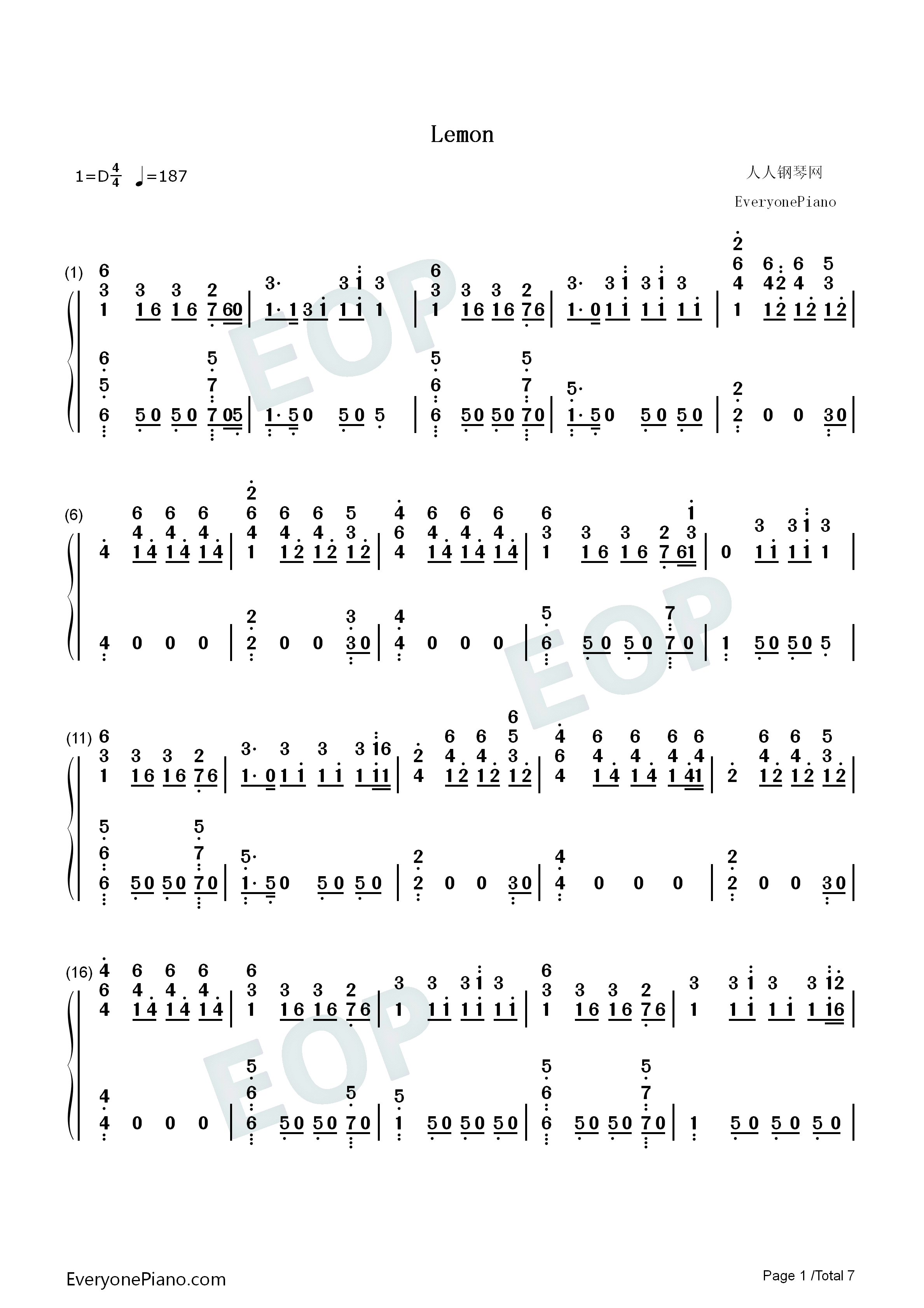 Lemon钢琴简谱_N.E.R.D_Rihanna演唱