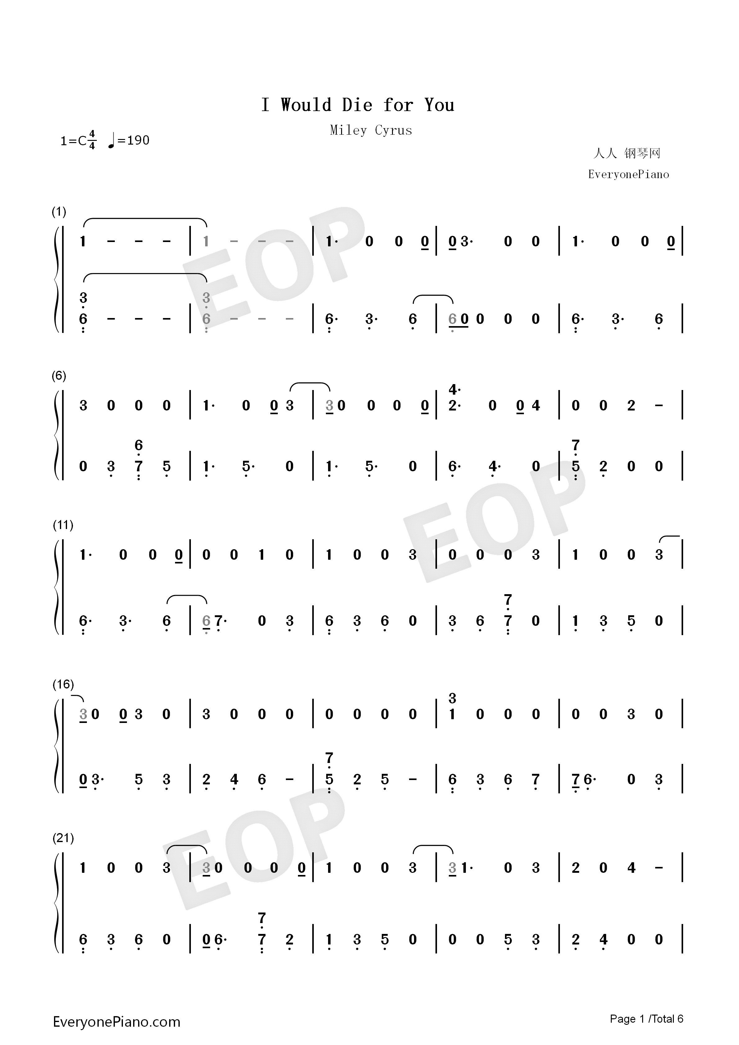 I_Would_Die_for_You钢琴简谱_Miley_Cyrus演唱
