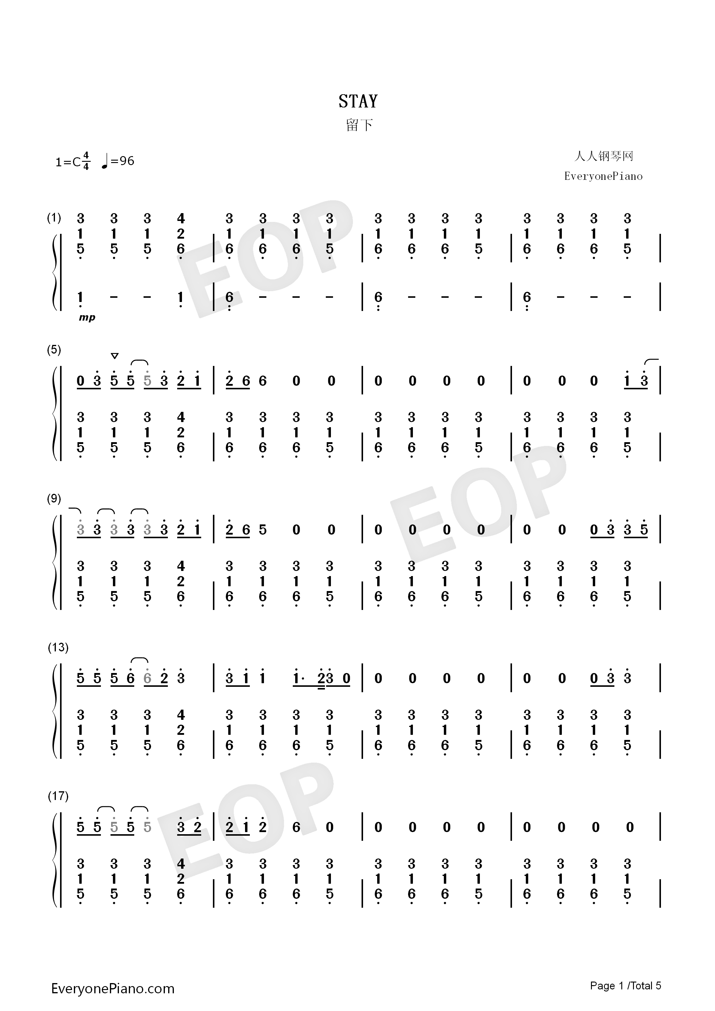 Stay钢琴简谱_Rihanna__Mikky_Ekko演唱