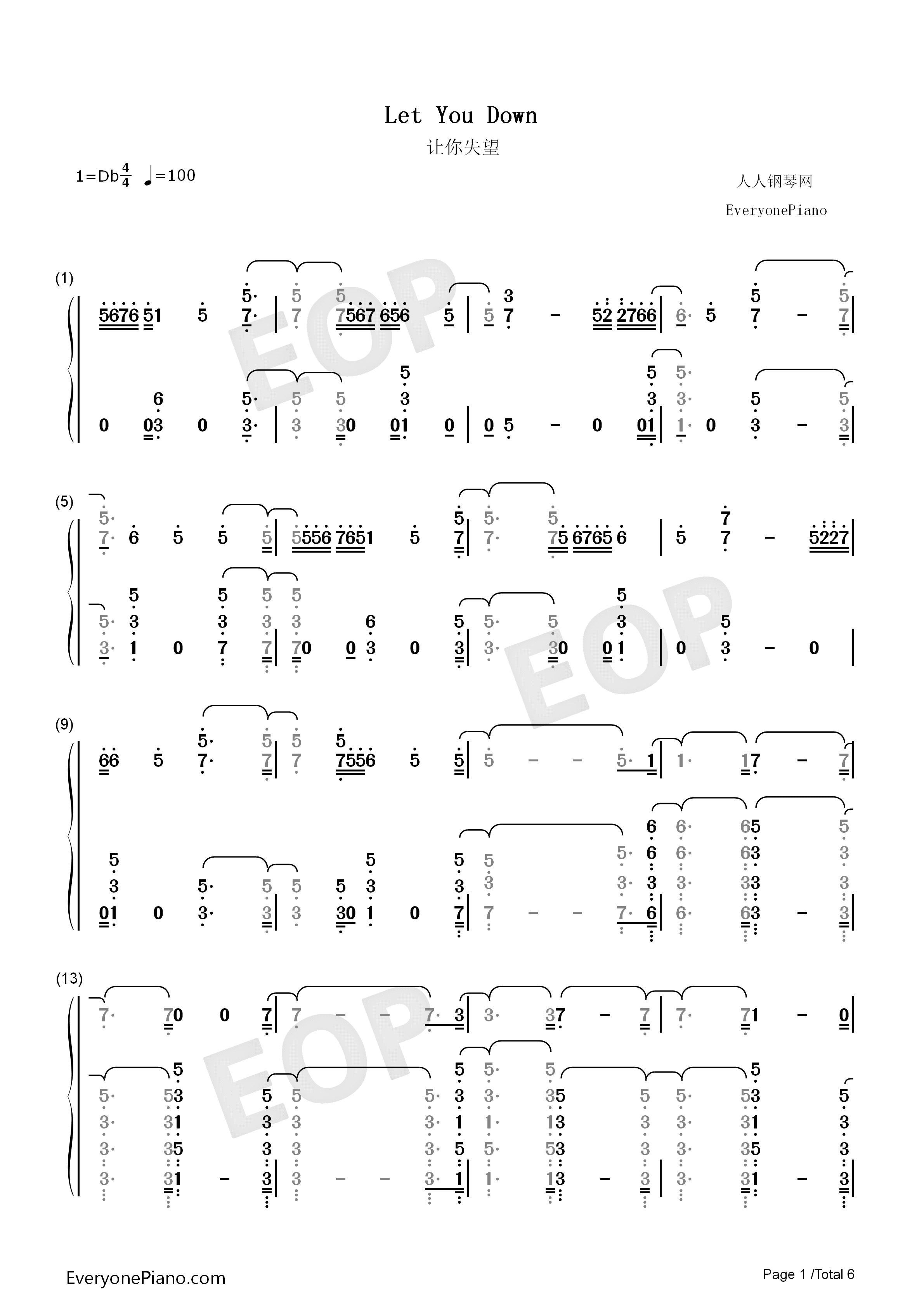 Let_You_Down钢琴简谱_NF演唱