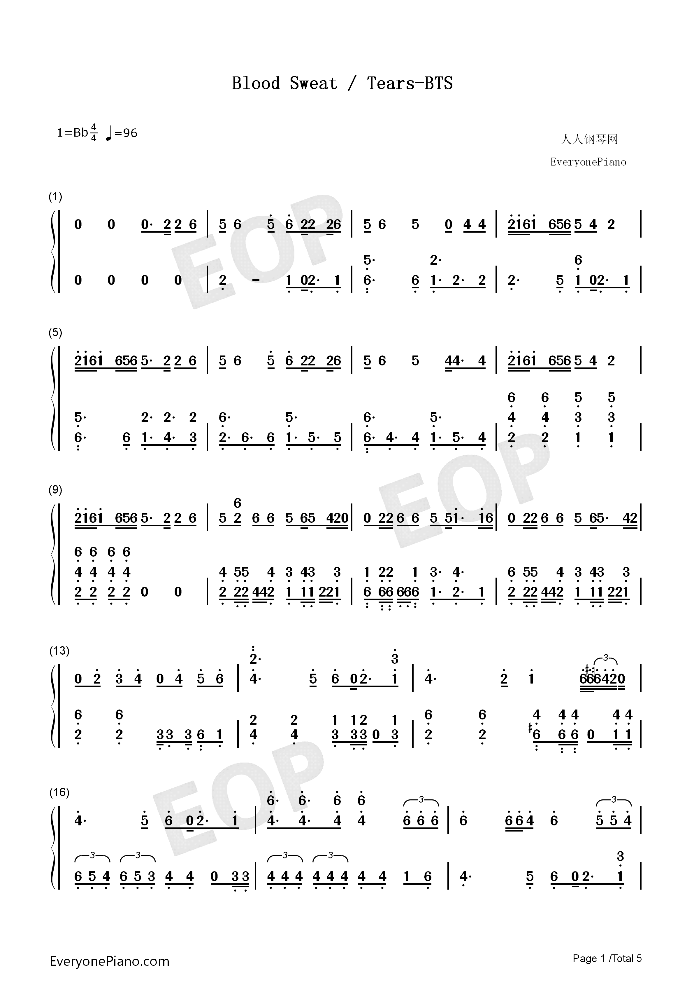 Blood_Sweat_&_Tears钢琴简谱_防弹少年团演唱