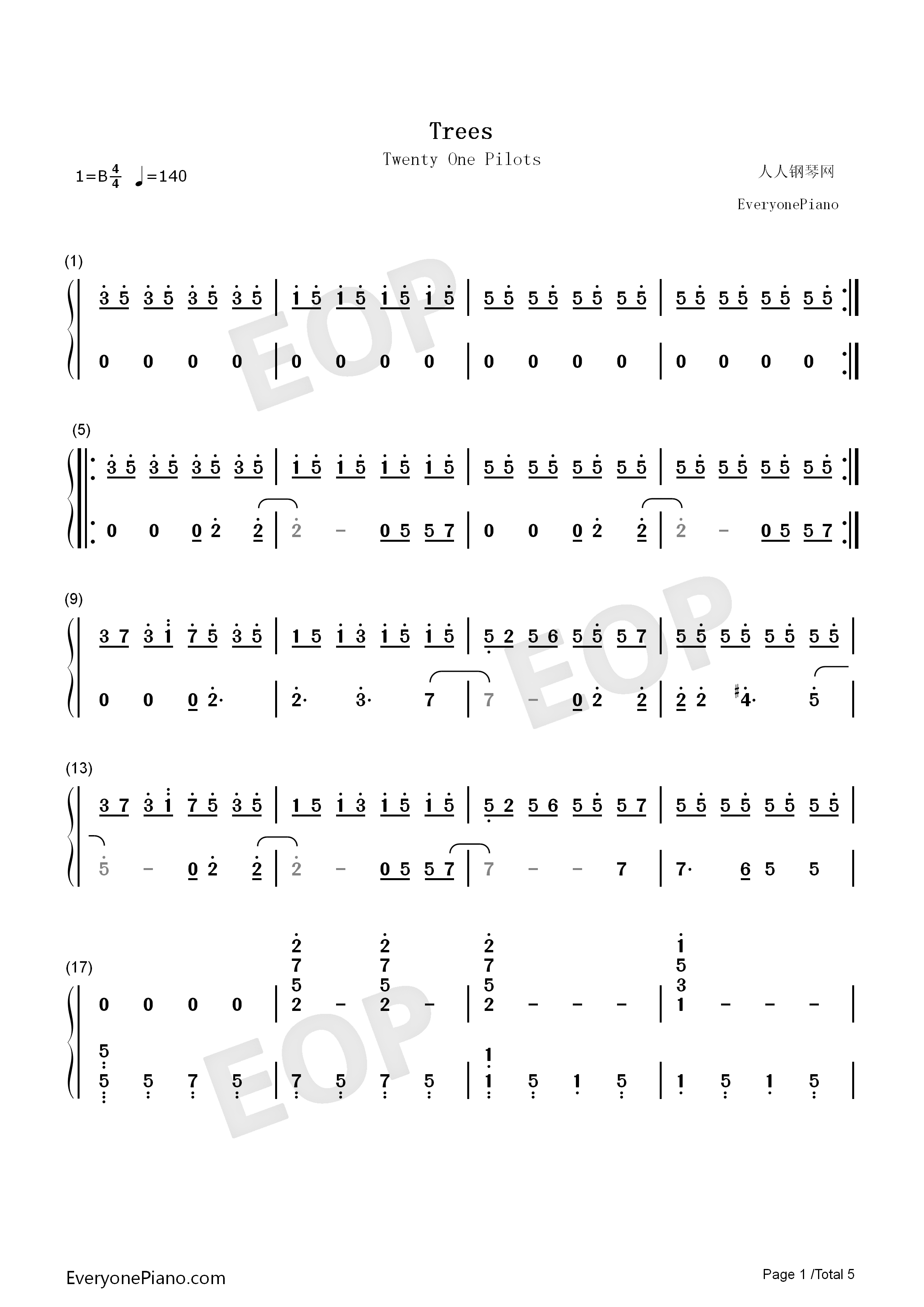 Trees钢琴简谱_Twenty_One_Pilots演唱