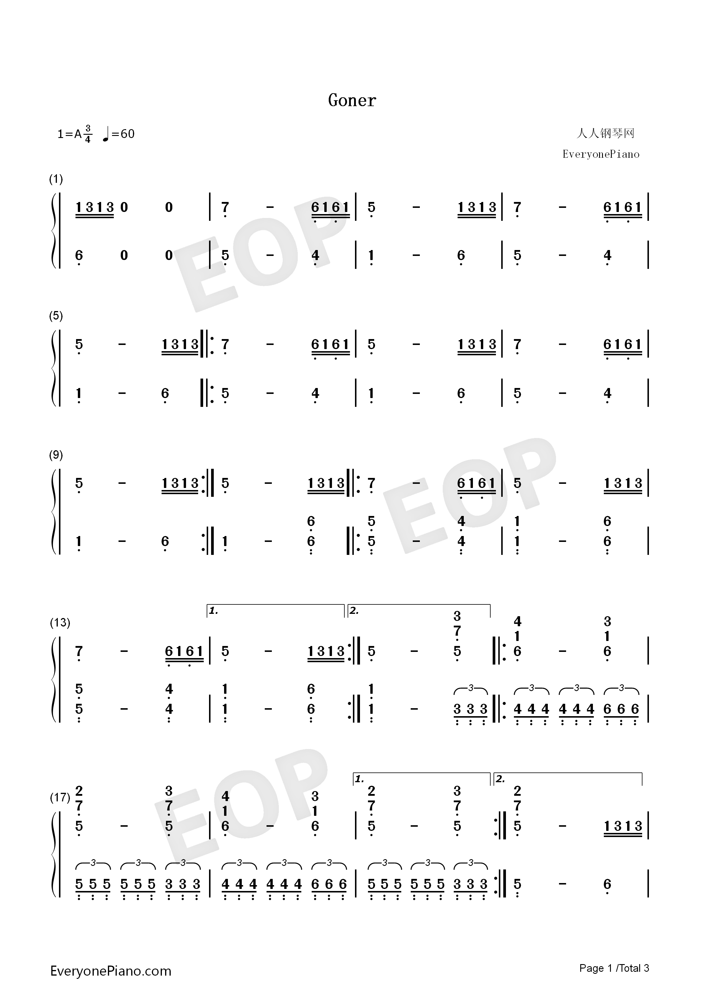 Goner钢琴简谱_Twenty_One_Pilots演唱