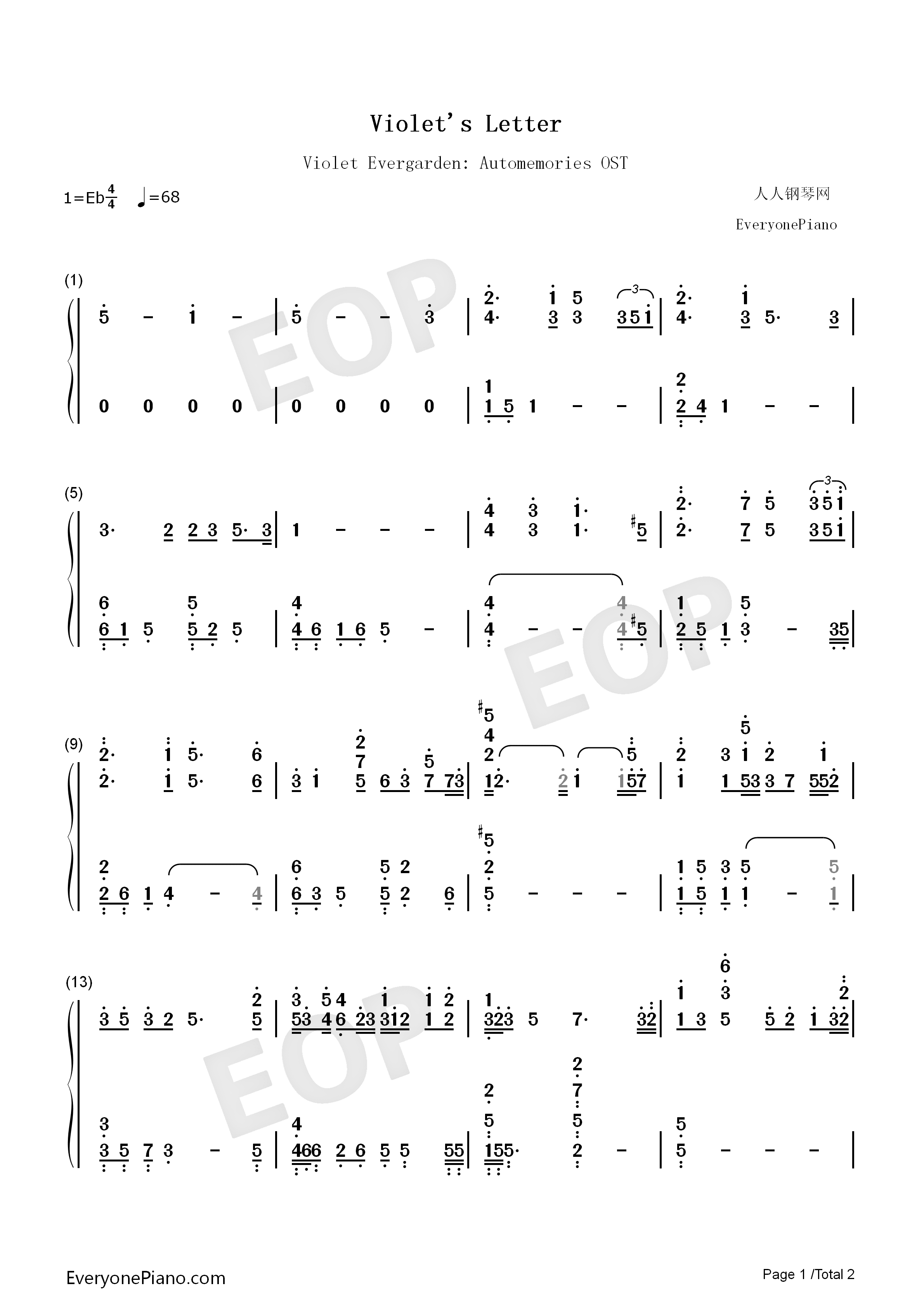 Violet's_Letter钢琴简谱_Evan_Call演唱