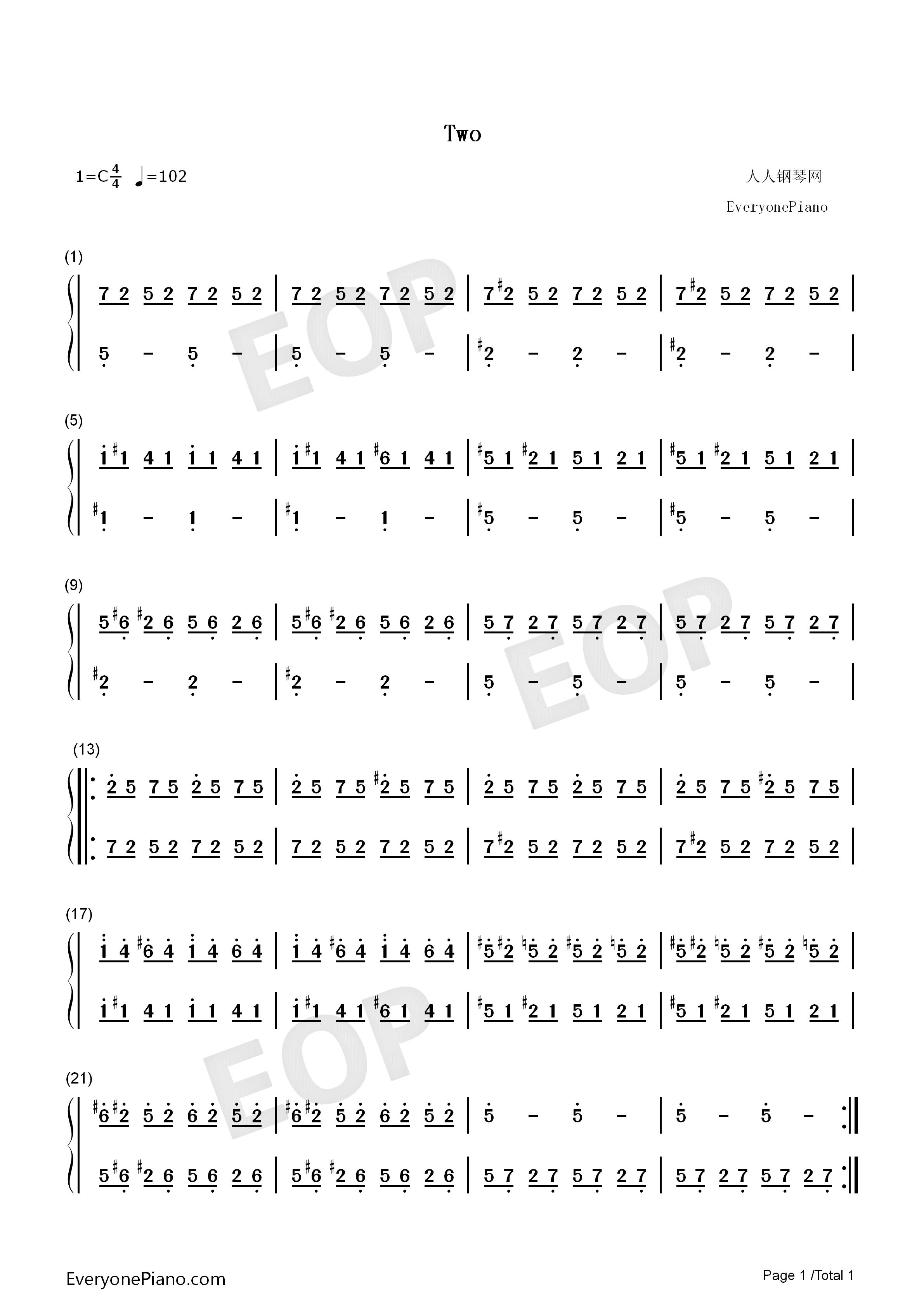 Two钢琴简谱_Twenty_One_Pilots演唱
