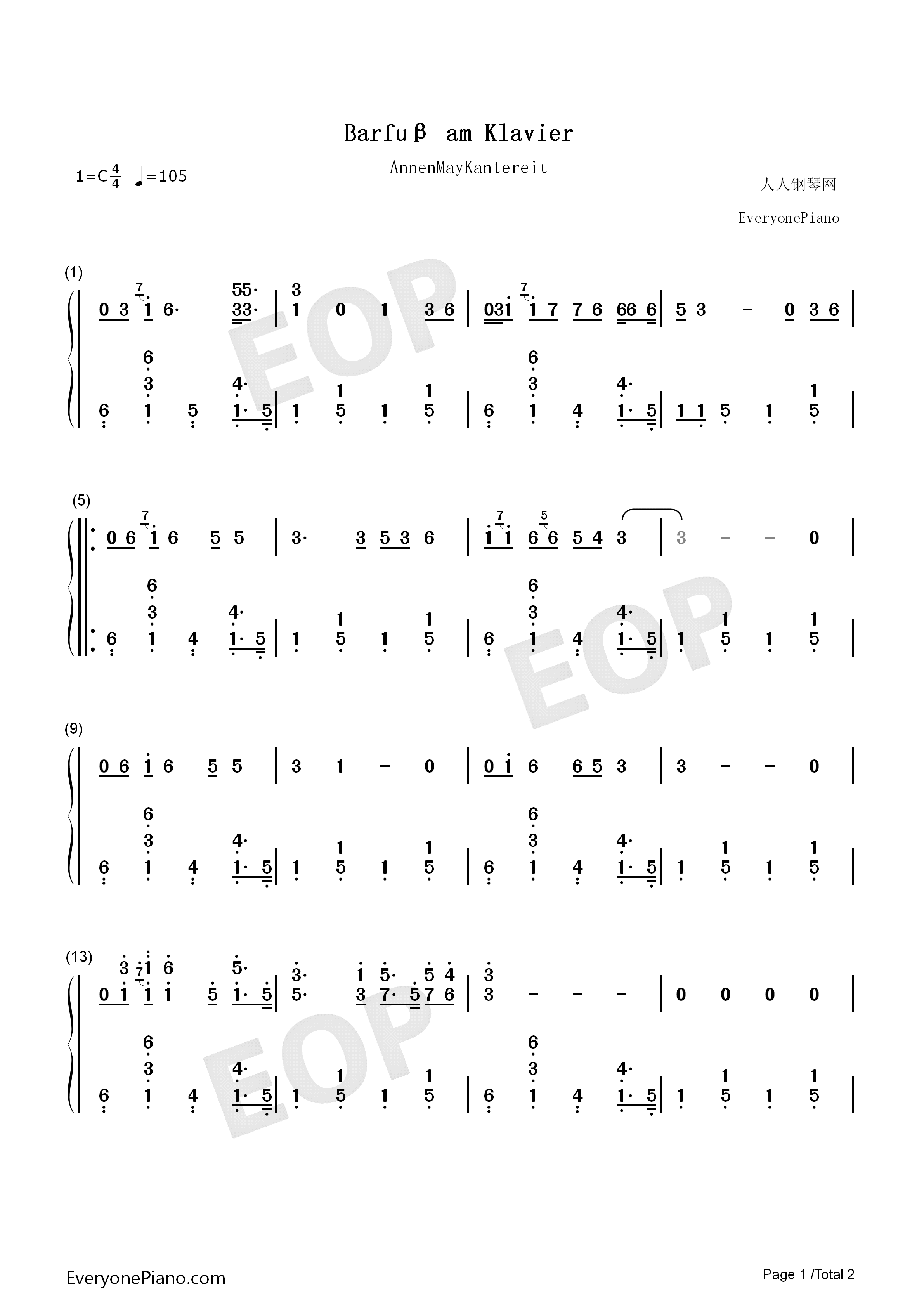 Barfuß_Am_Klavier钢琴简谱_AnnenMayKantereit演唱