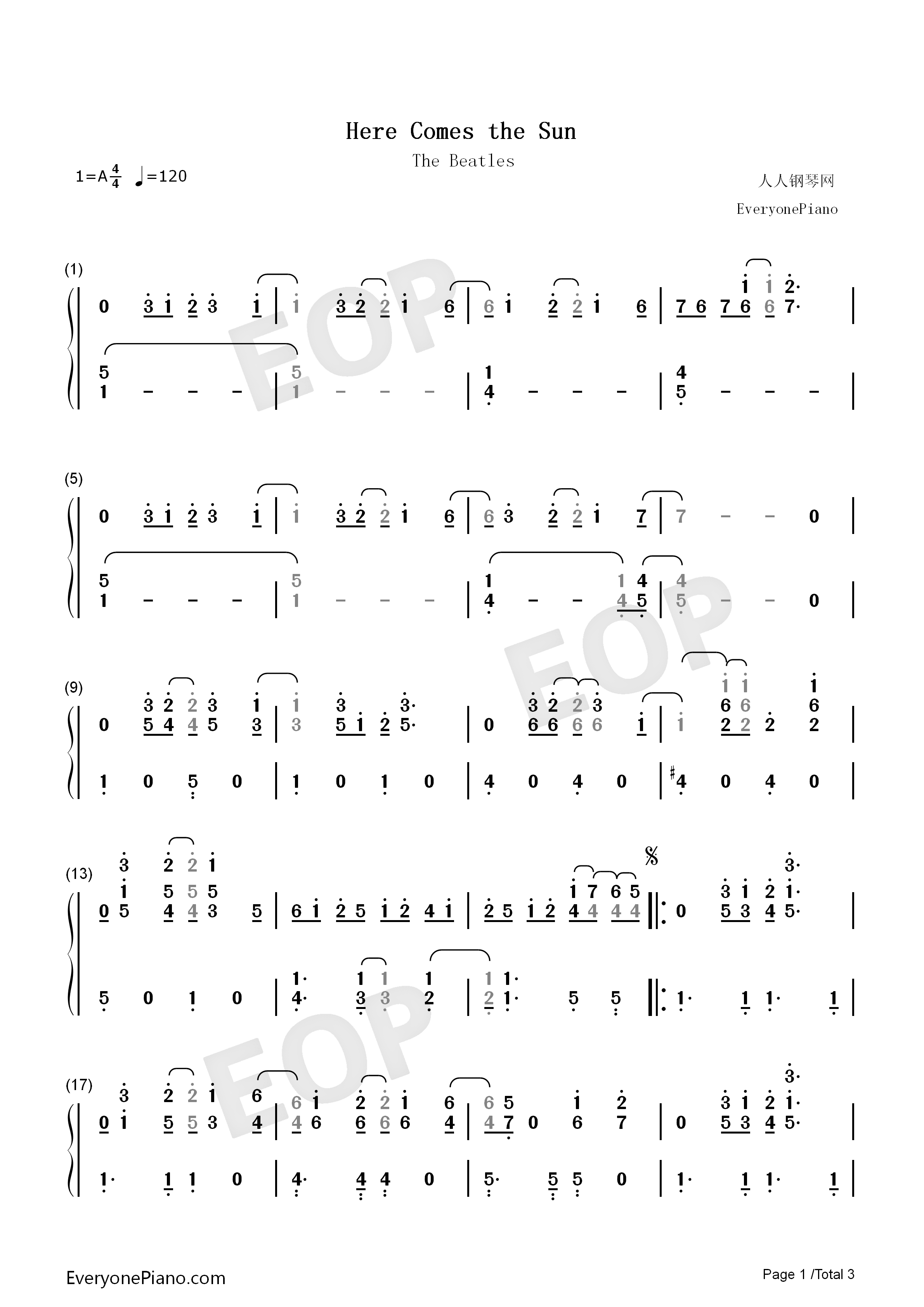 Here_Comes_the_Sun钢琴简谱_The_Beatles演唱