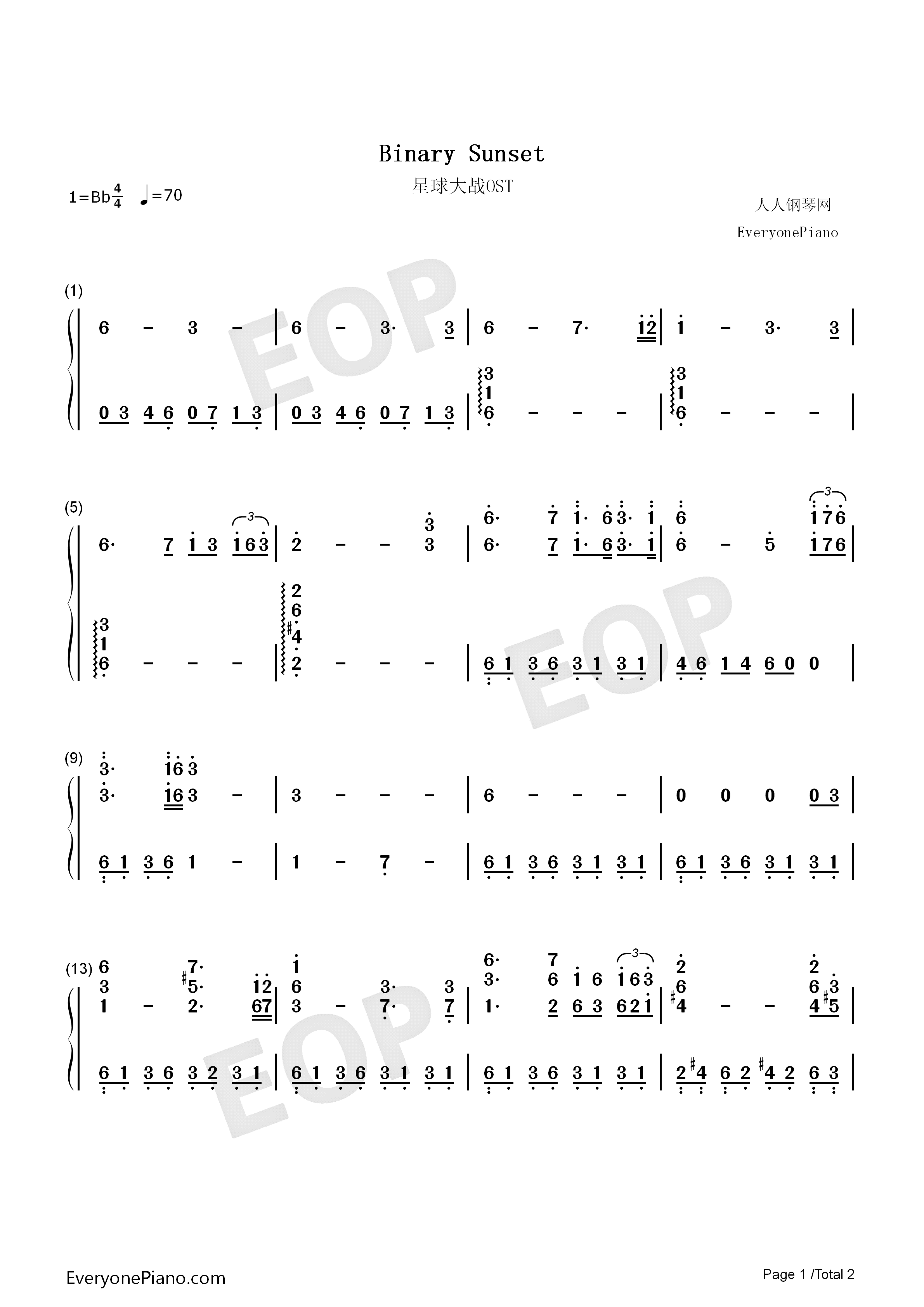Binary_Sunset钢琴简谱_John_Williams演唱