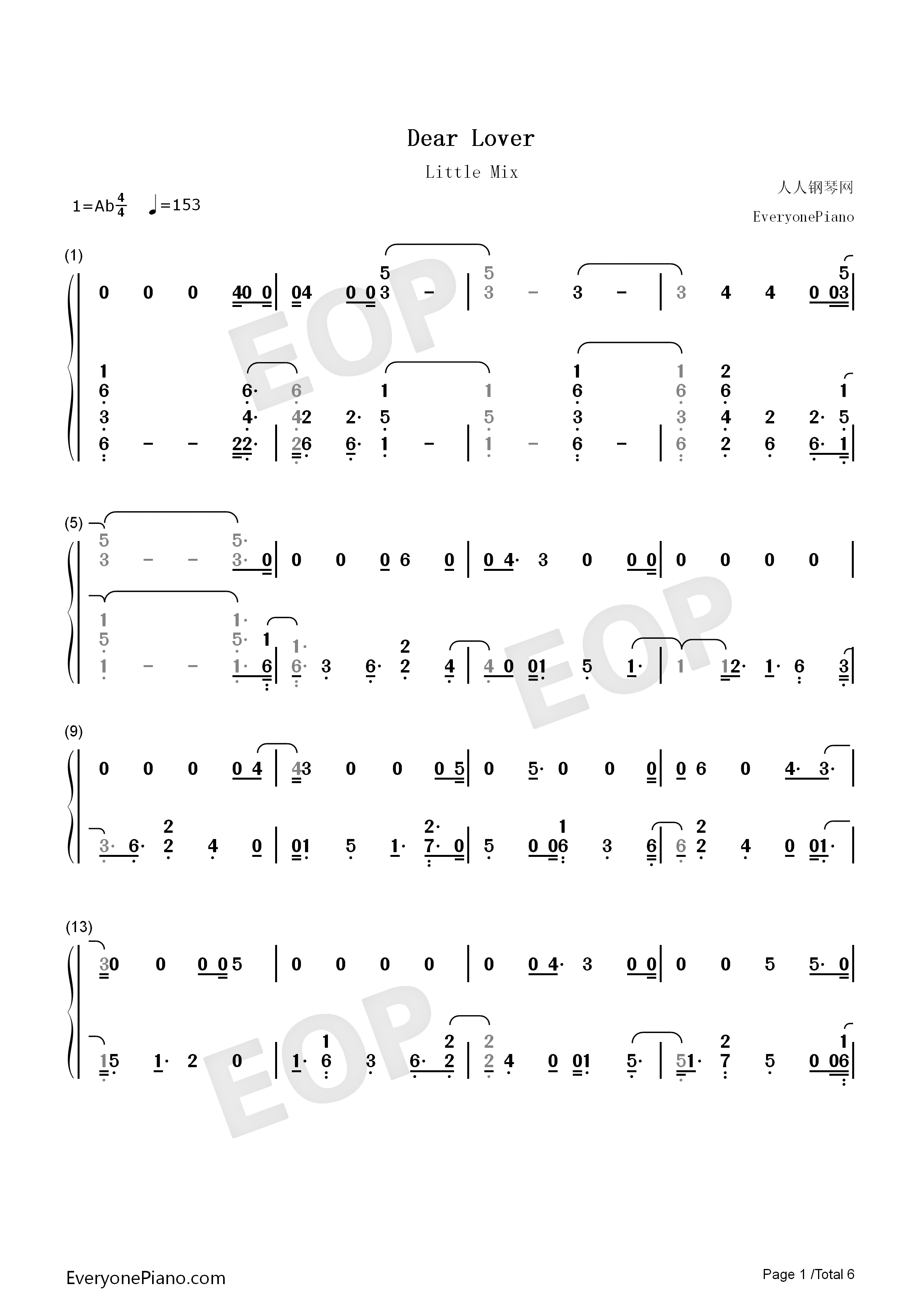 Dear_Lover钢琴简谱_Little_Mix演唱