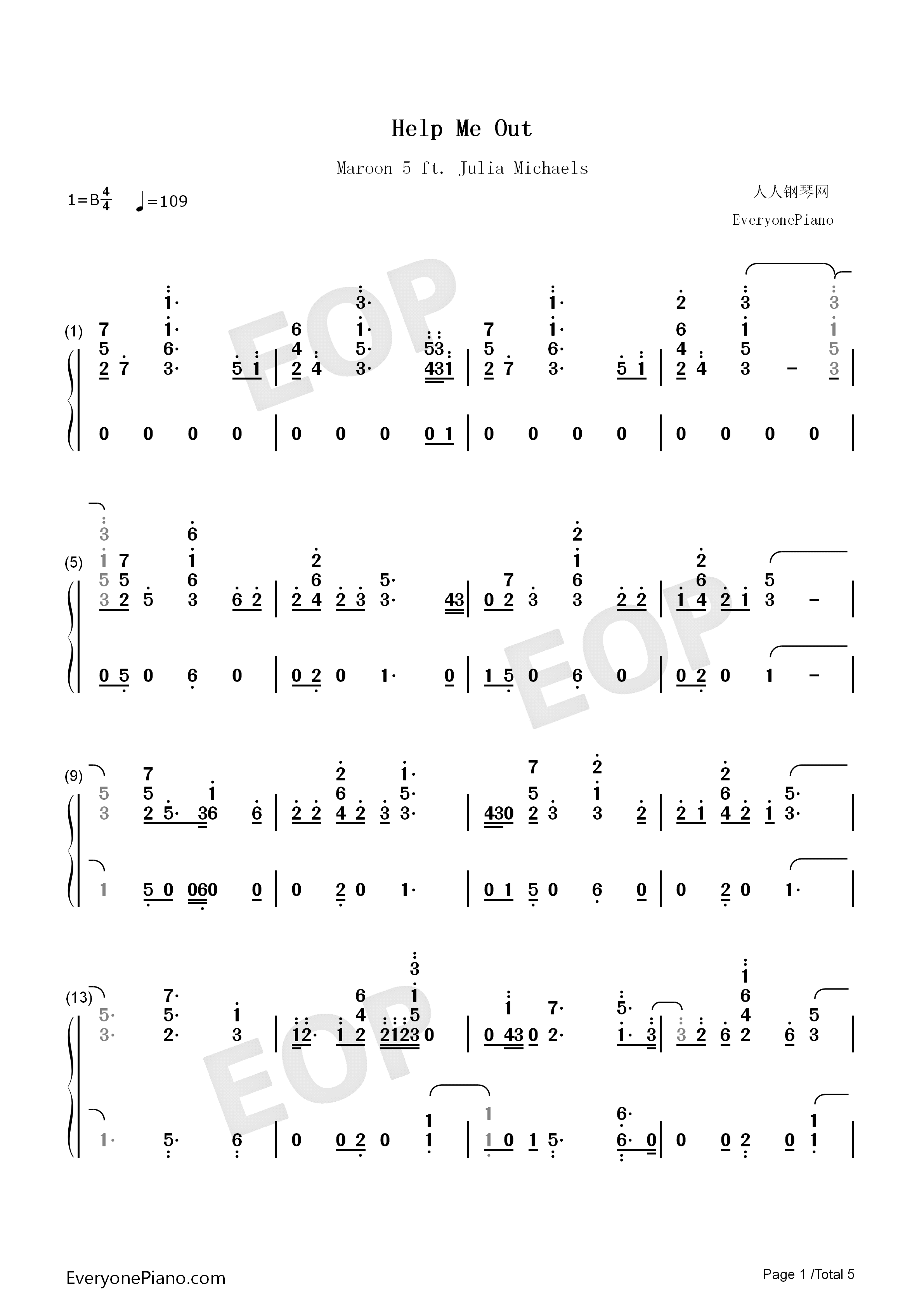 Help_Me_Out钢琴简谱_Maroon_5_Julia_Michaels演唱