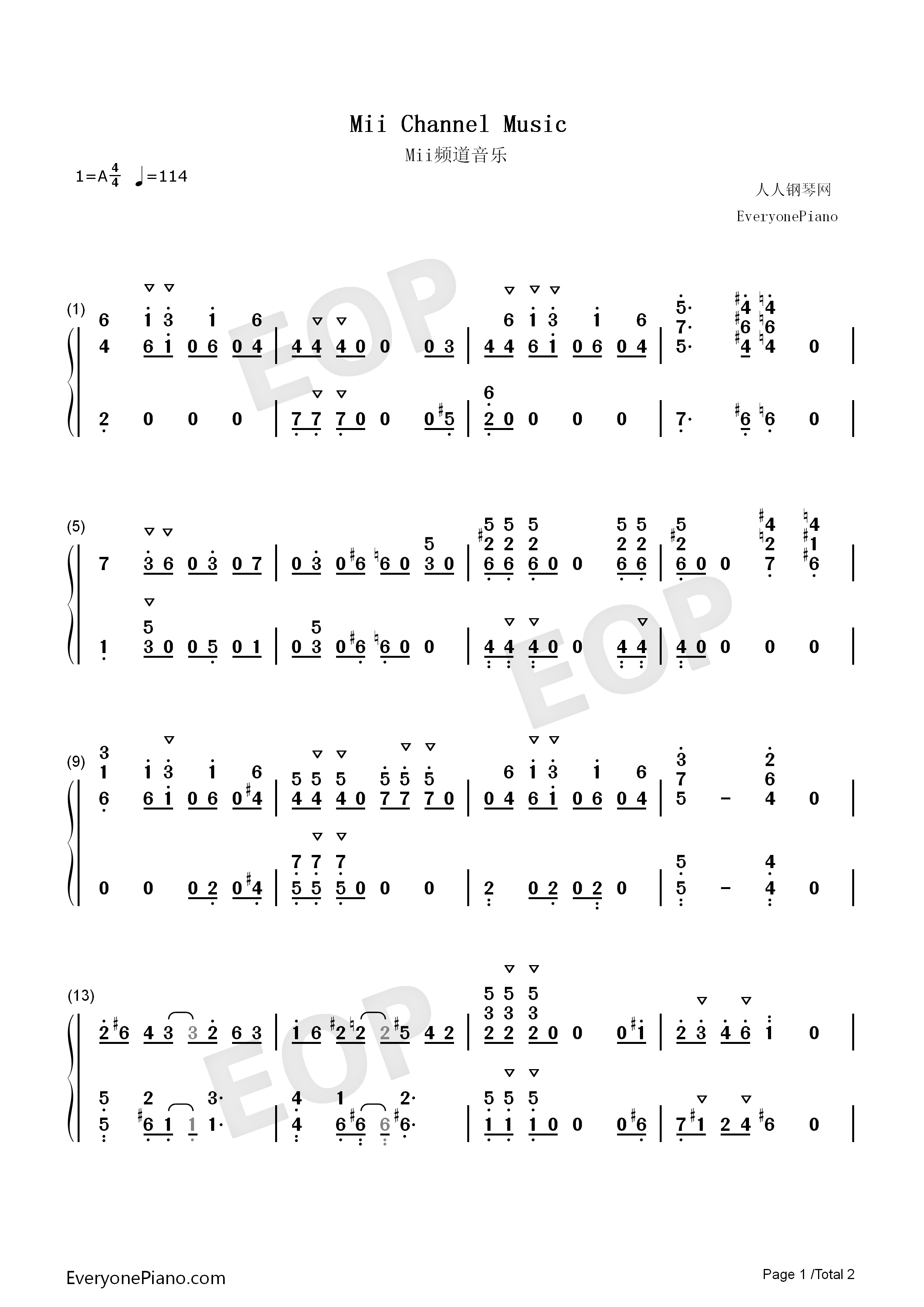 Mii_Channel钢琴简谱_Kazumi_Totaka演唱