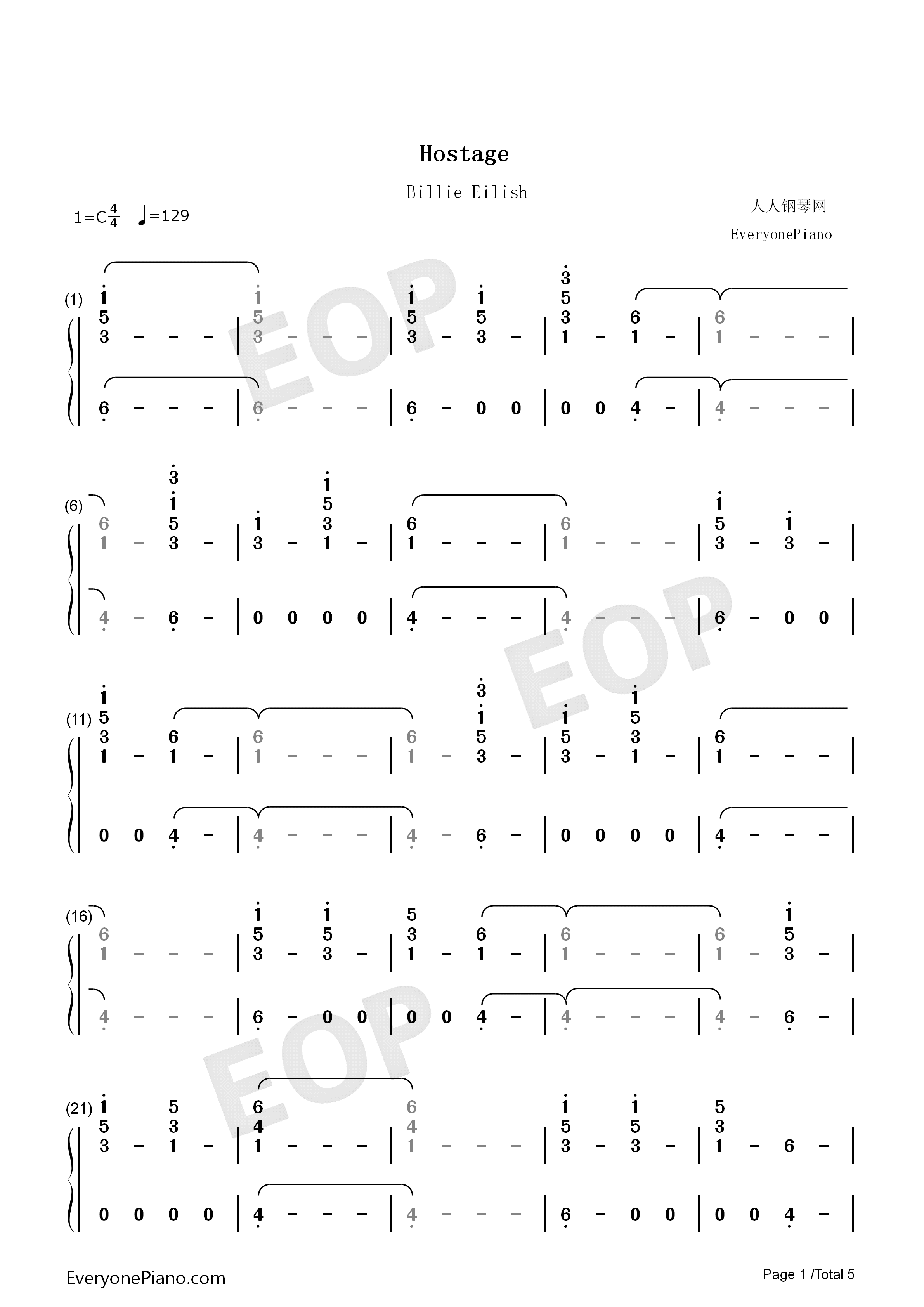 Hostage钢琴简谱_Billie_Eilish演唱