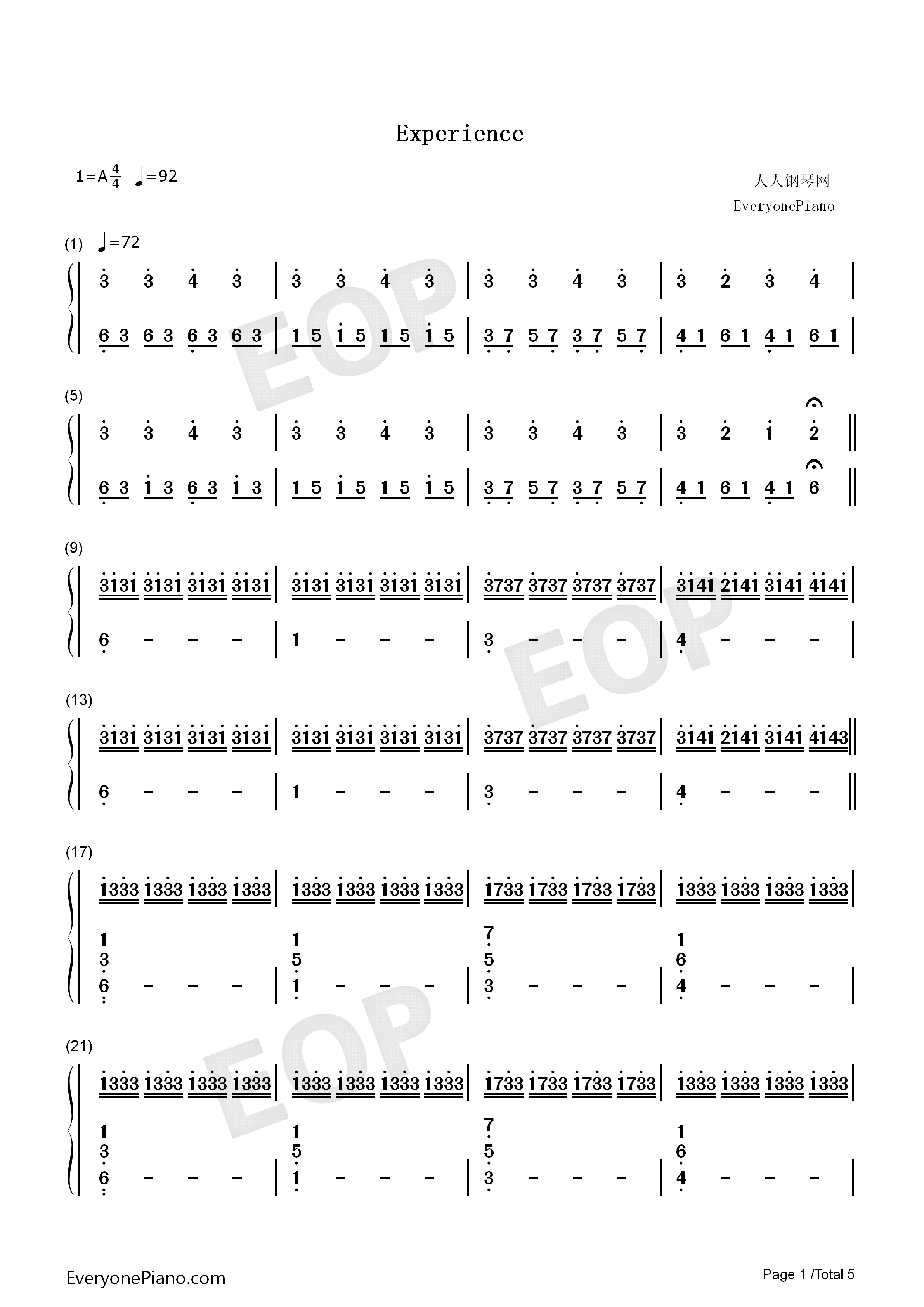 Experience钢琴简谱_Ludovico_Einaudi演唱