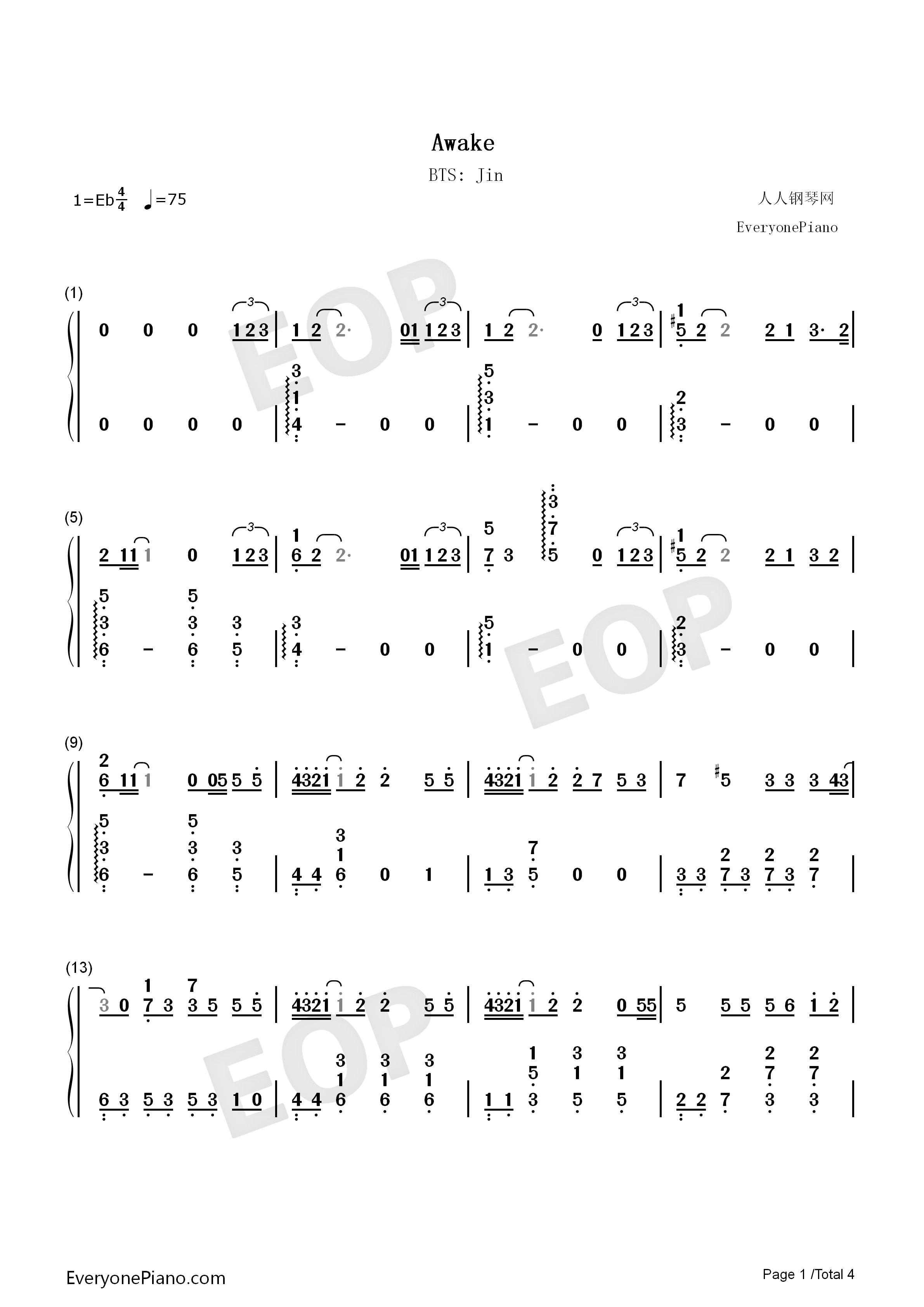 Awake钢琴简谱_金硕珍_防弹少年团演唱