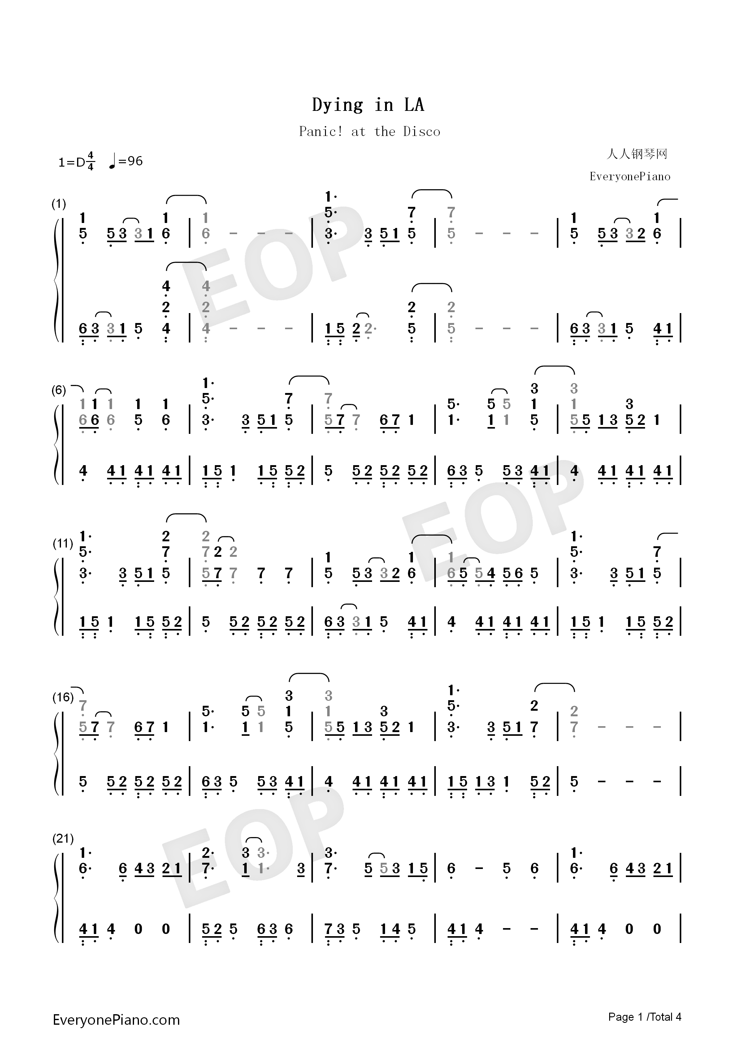 Dying_in_LA钢琴简谱_Panic!_at_the_Disco演唱