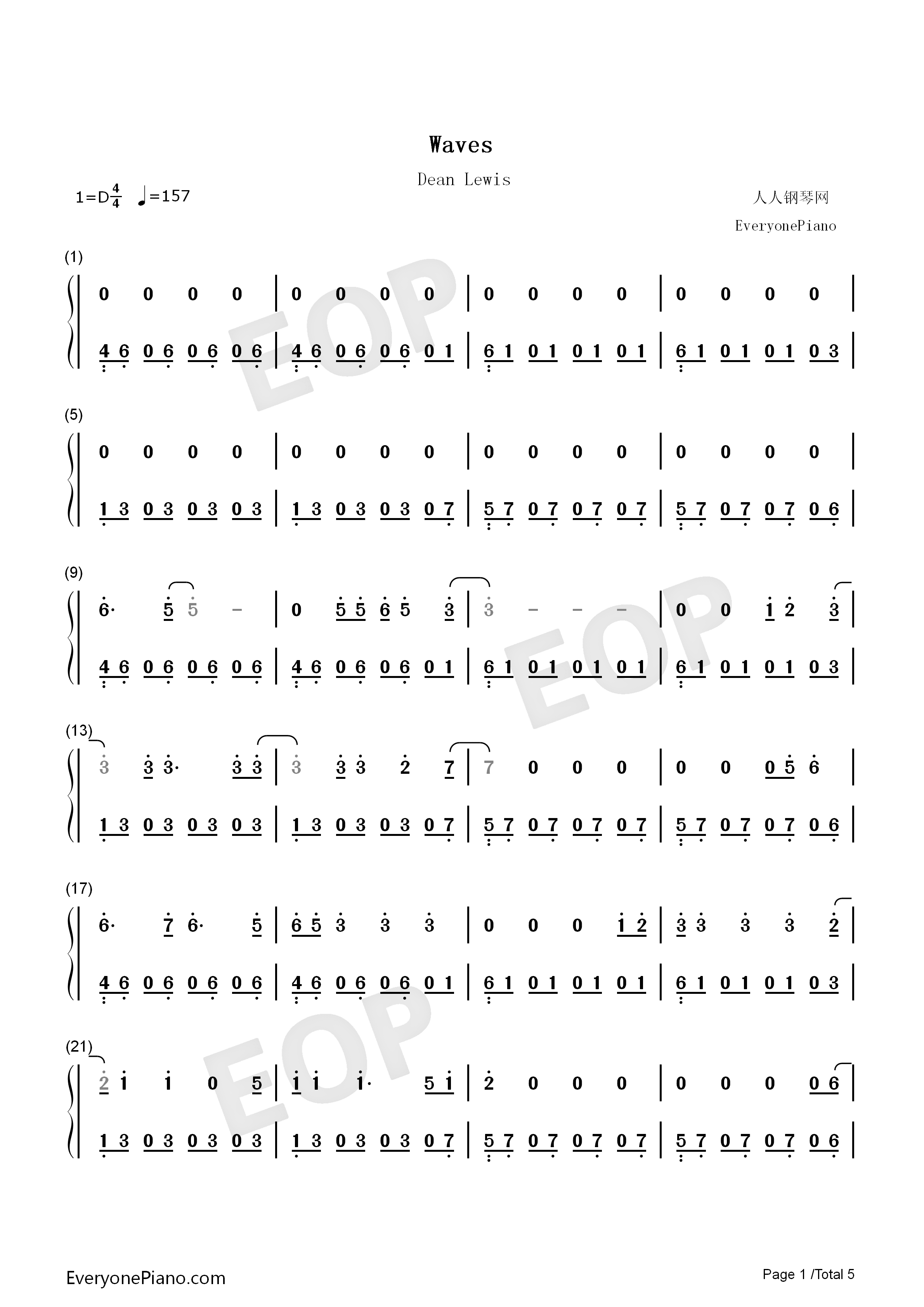 Waves钢琴简谱_Dean_Lewis演唱