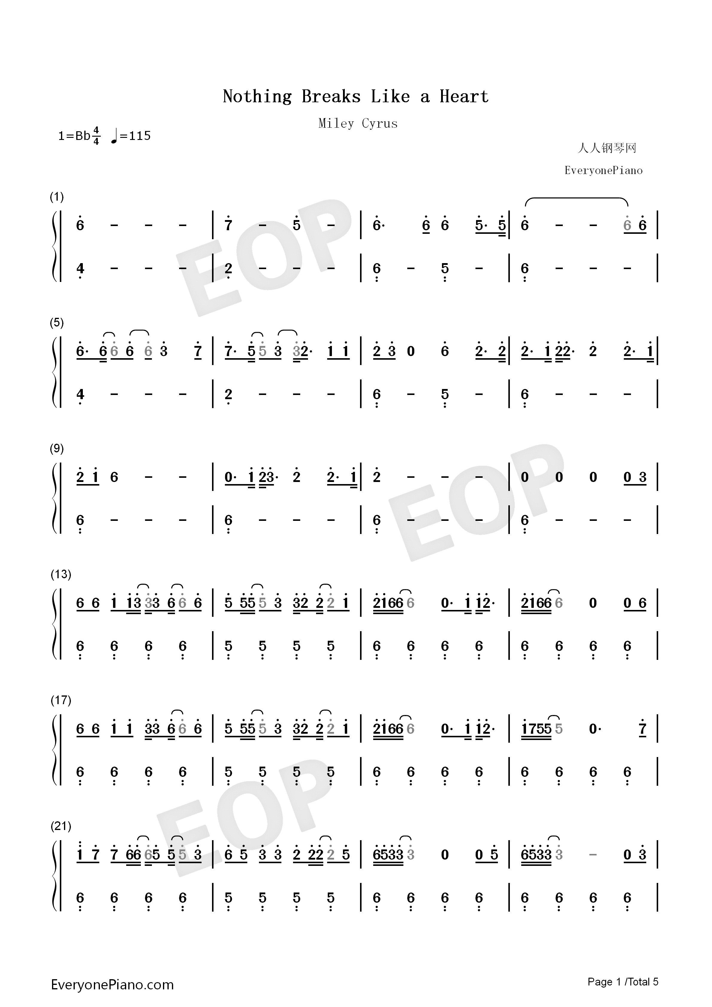 Nothing_Breaks_Like_a_Heart钢琴简谱_Mark_Ronson_Miley_Cyrus演唱