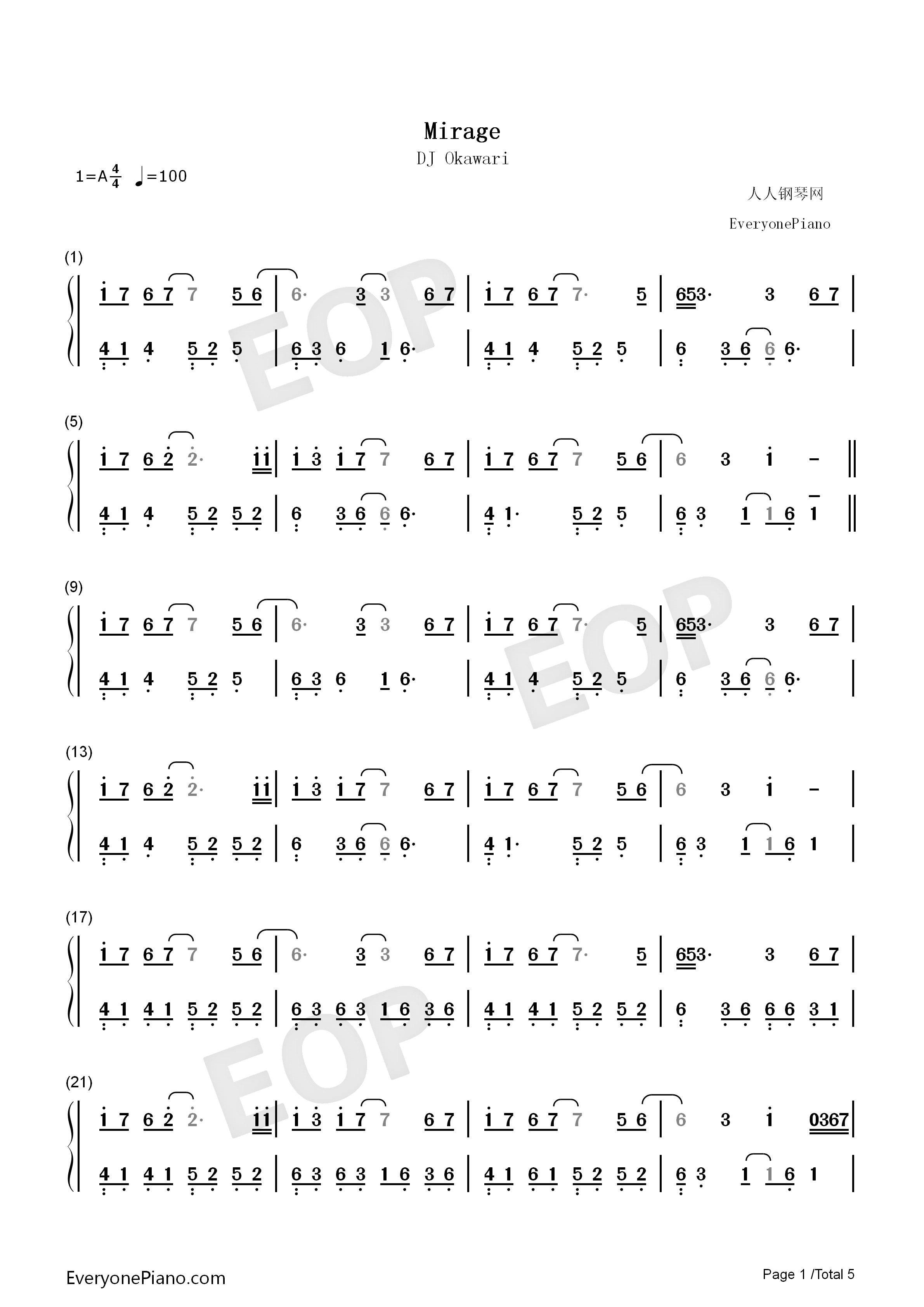Mirage钢琴简谱_DJ_Okawari演唱