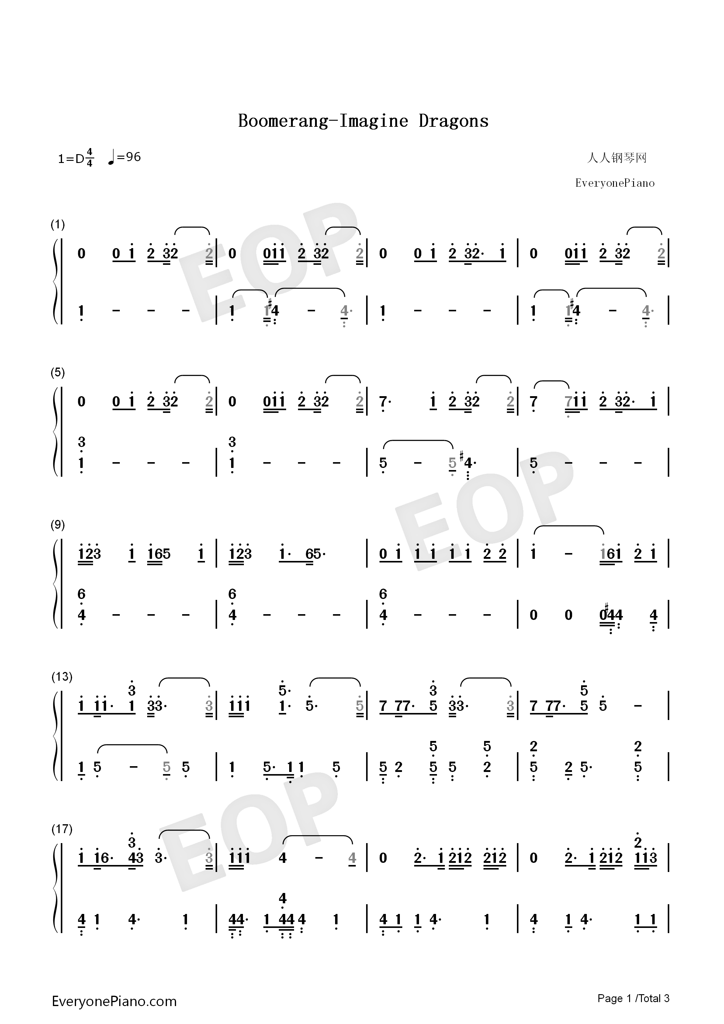 Boomerang钢琴简谱_Imagine_Dragons演唱