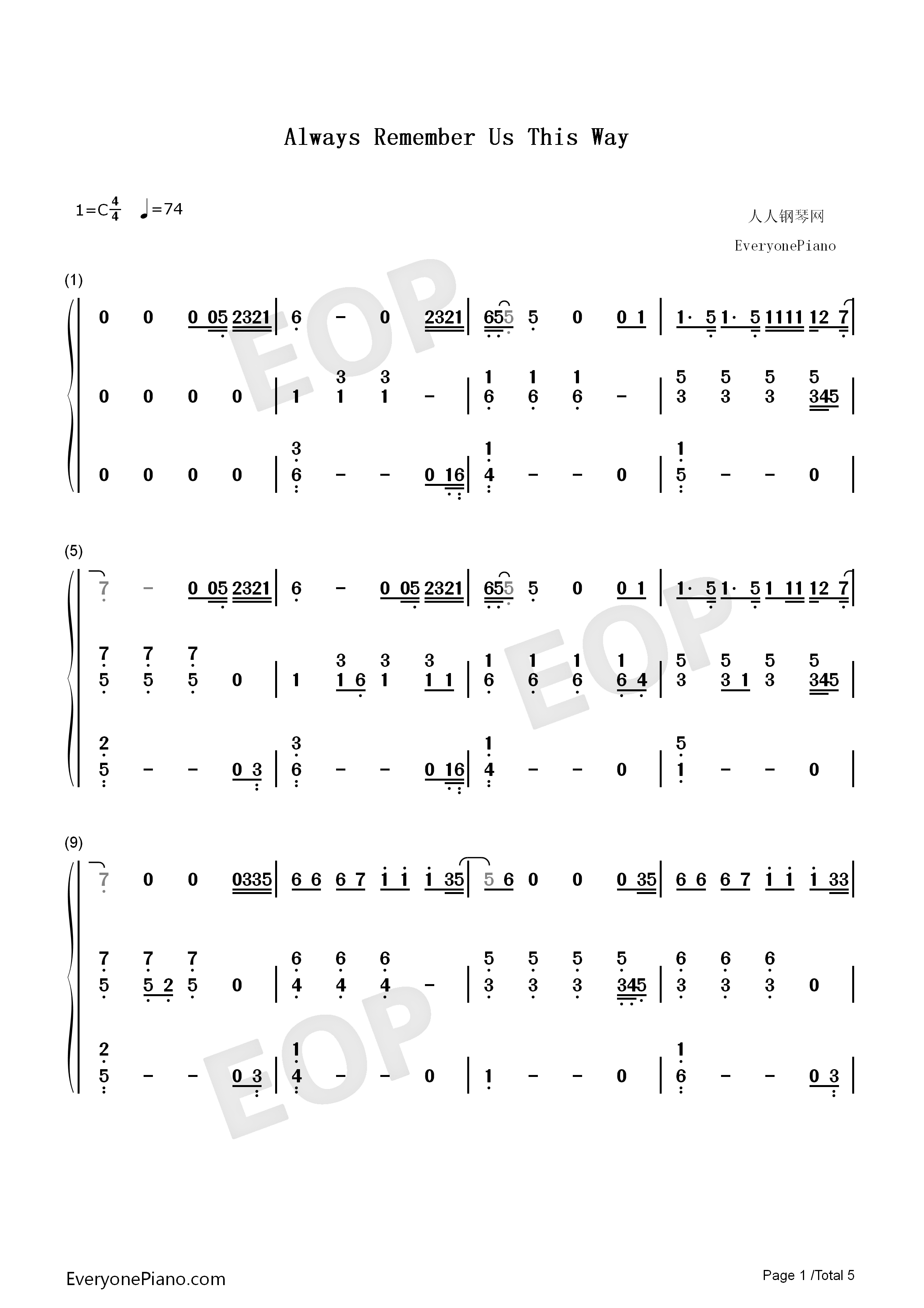 Always_Remember_Us_This_Way钢琴简谱_Lady_Gaga演唱