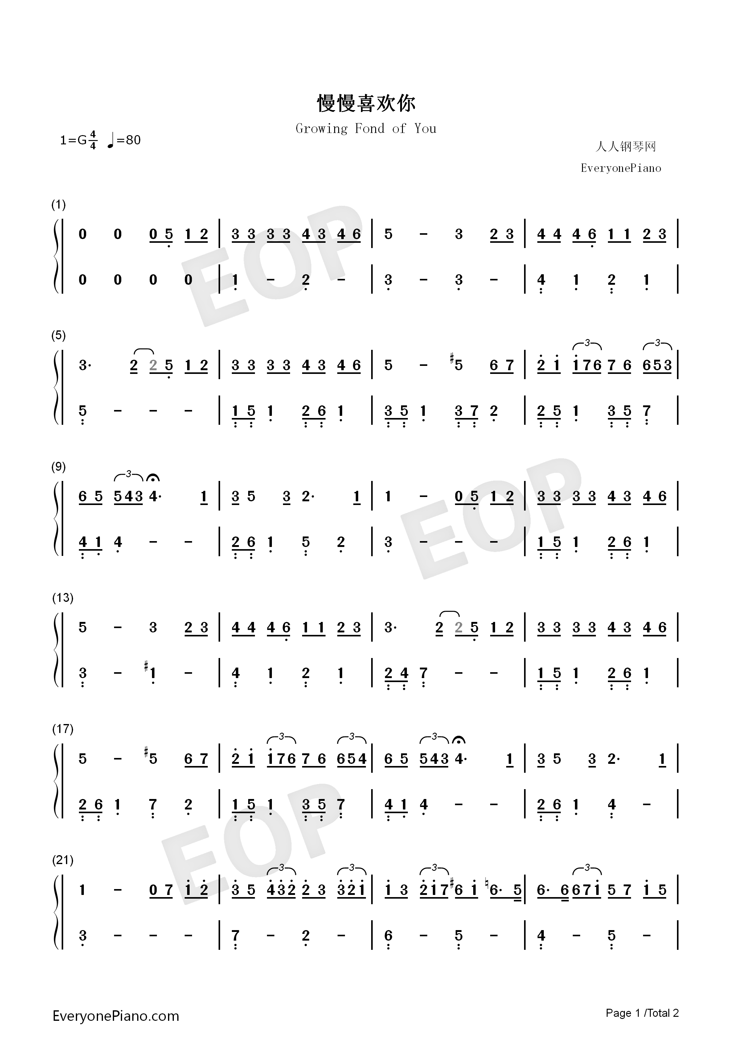 慢慢喜欢你钢琴简谱_莫文蔚演唱