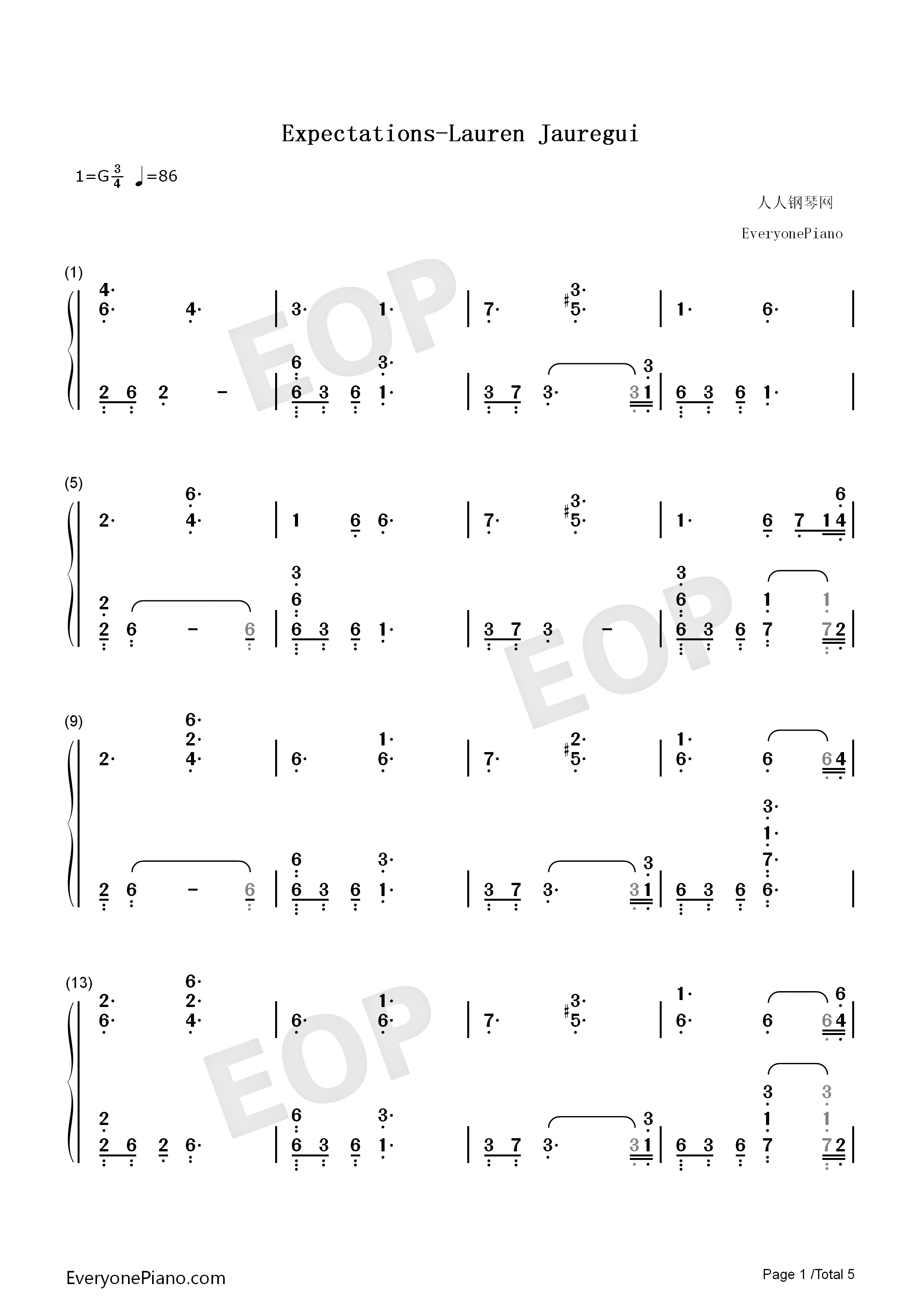 Expectations钢琴简谱_Lauren_Jauregui演唱