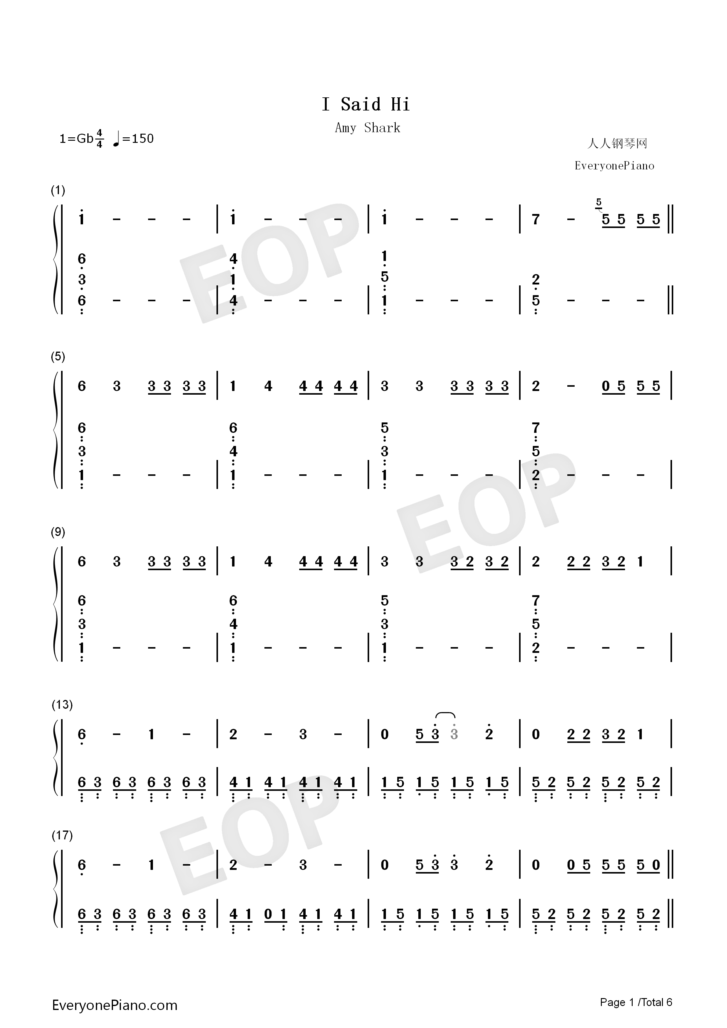 I_Said_Hi钢琴简谱_Amy_Shark演唱