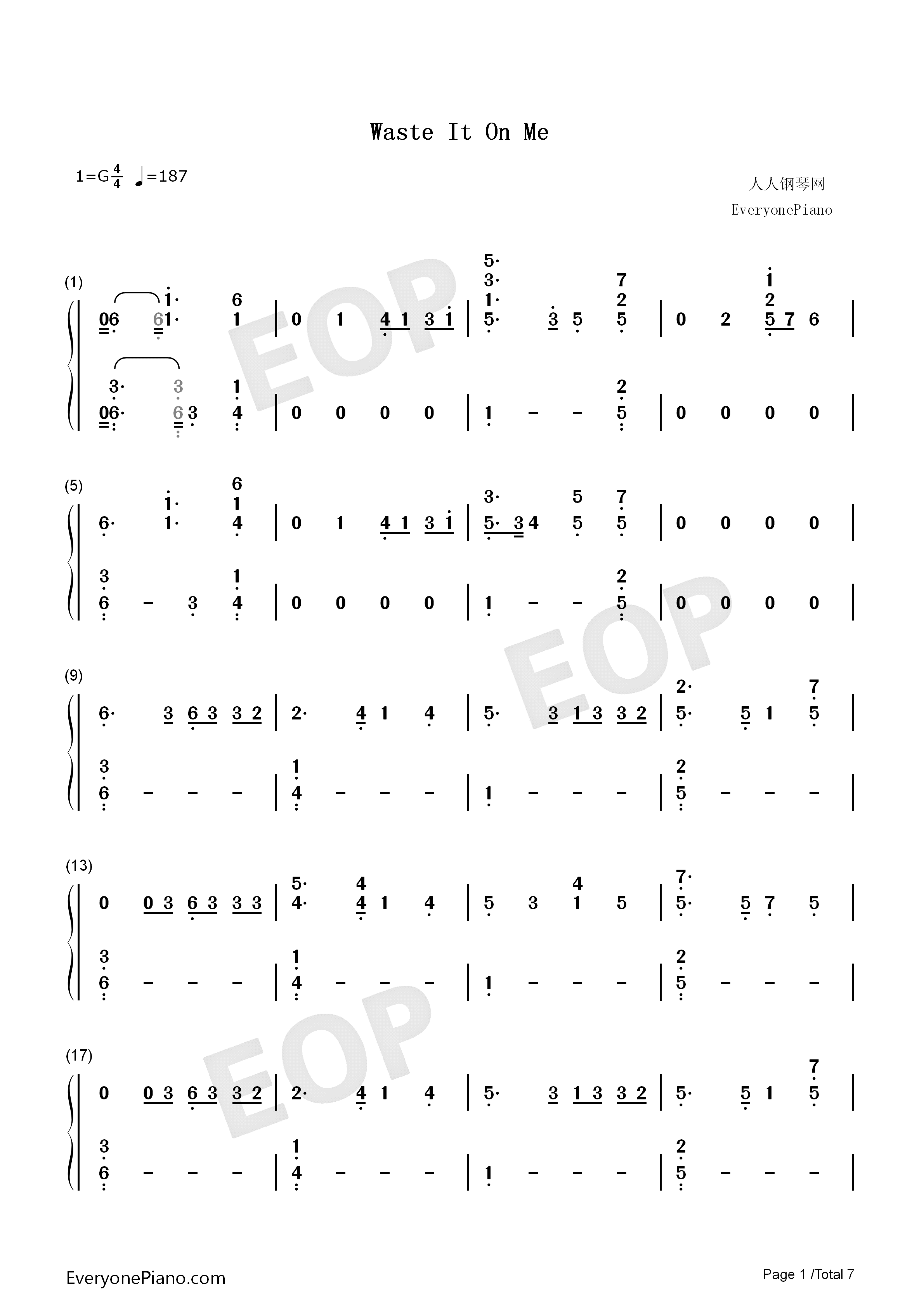 Waste_It_On_Me钢琴简谱_Steve_Aoki_BTS演唱