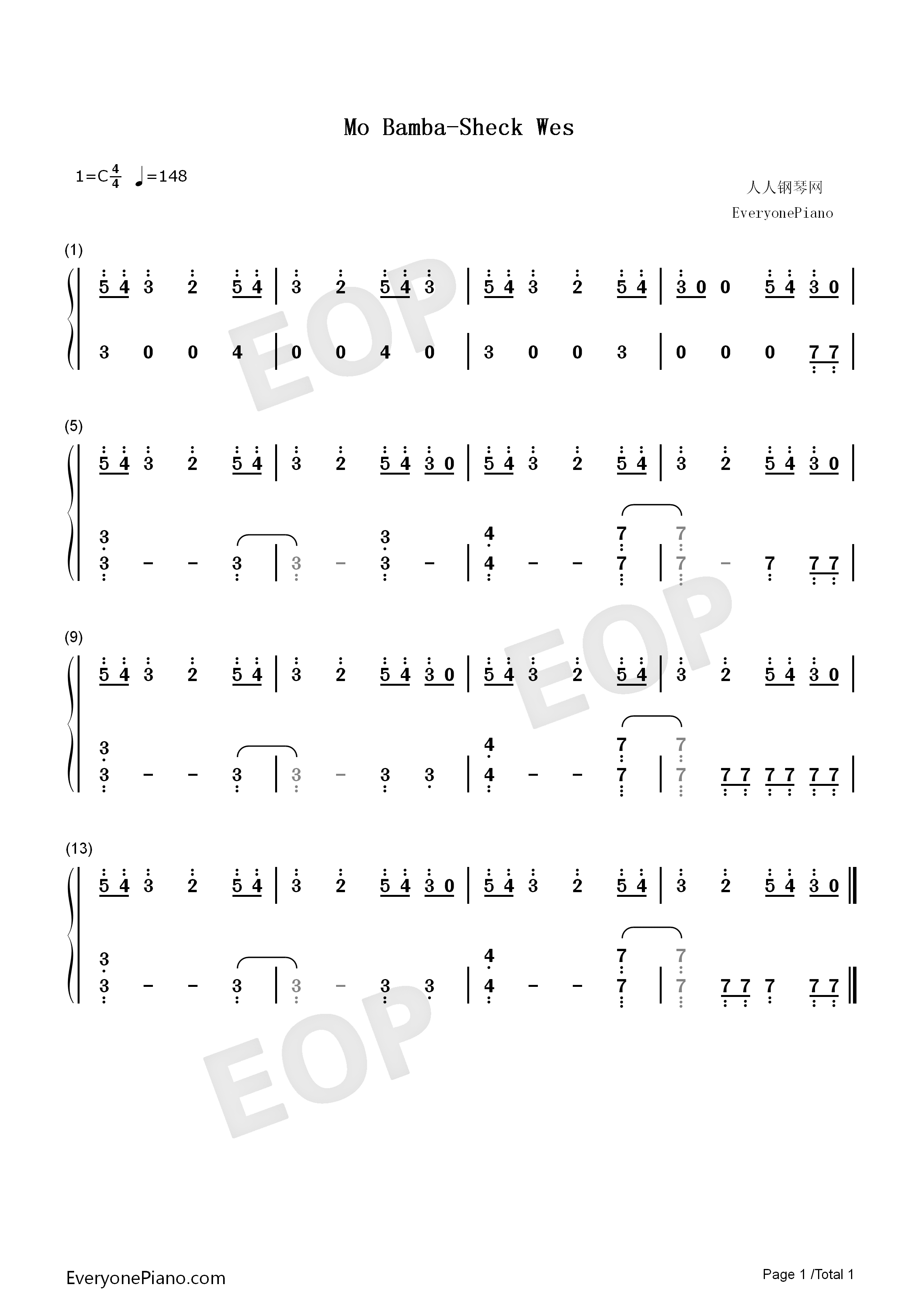 Mo_Bamba钢琴简谱_Sheck_Wes演唱