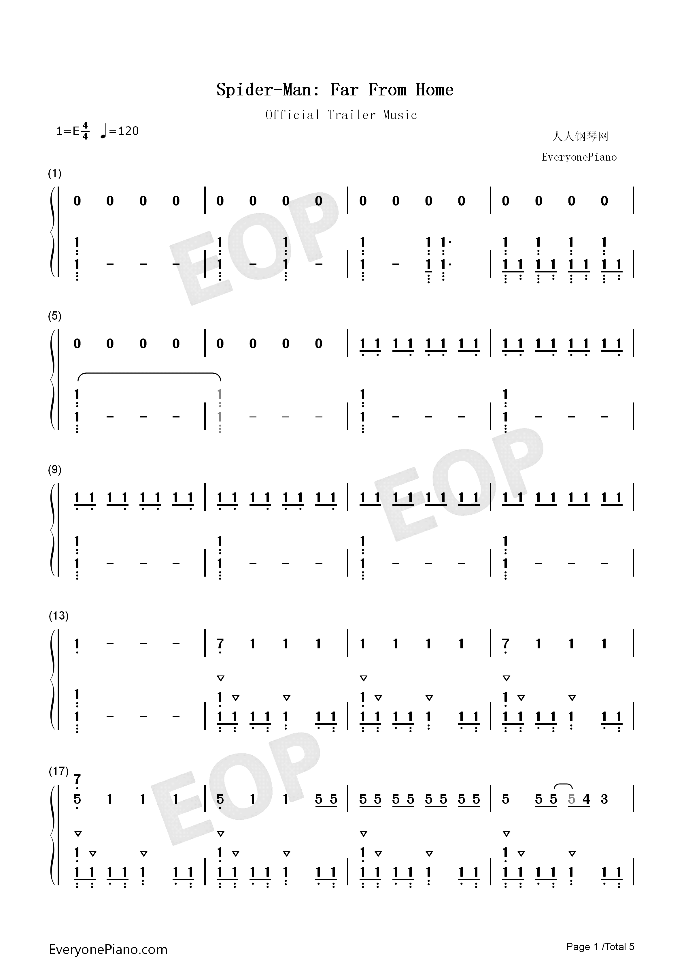蜘蛛侠英雄远征官方预告片音乐钢琴简谱_Michael_Giacchino演唱