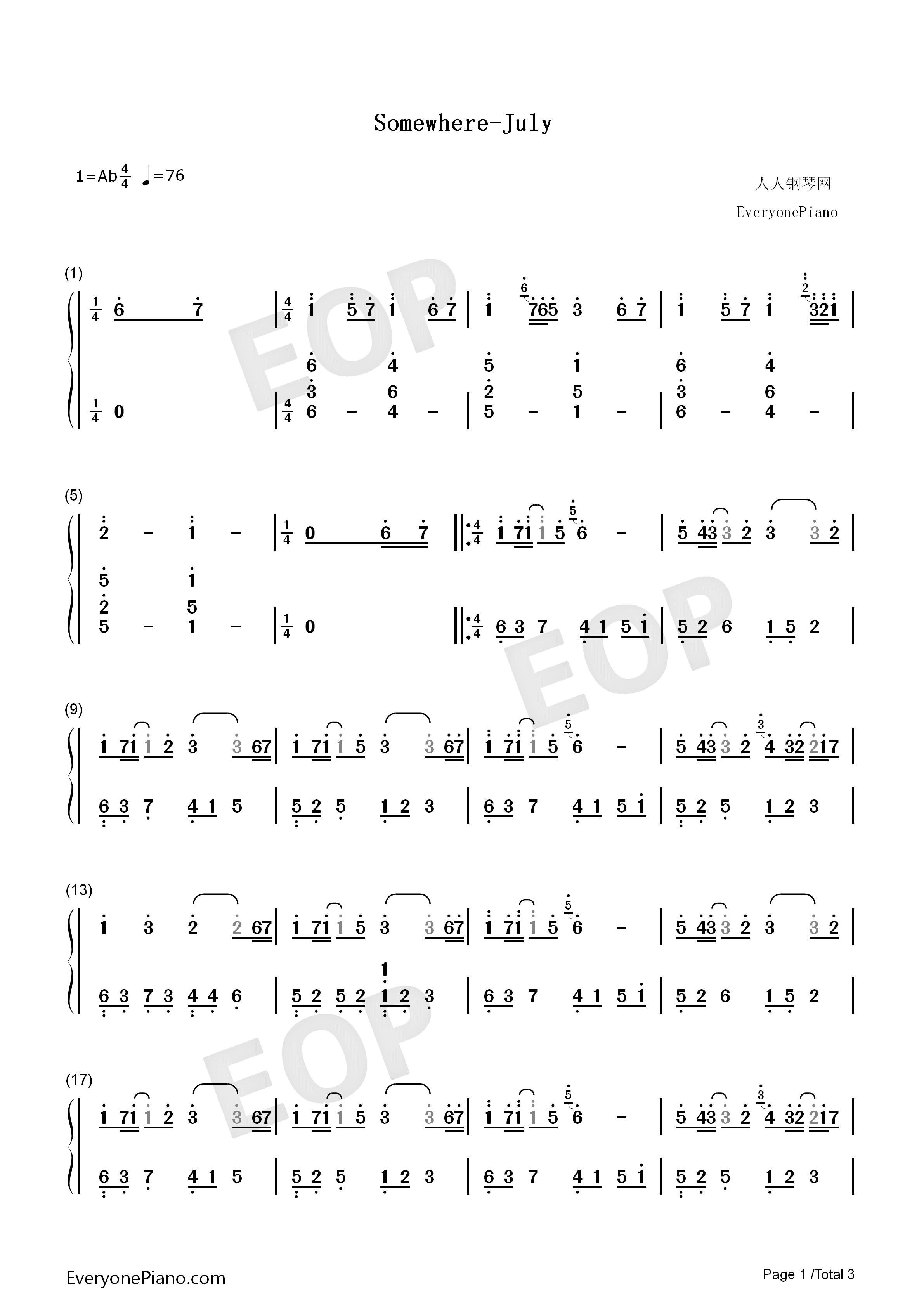 Somewhere钢琴简谱_July演唱