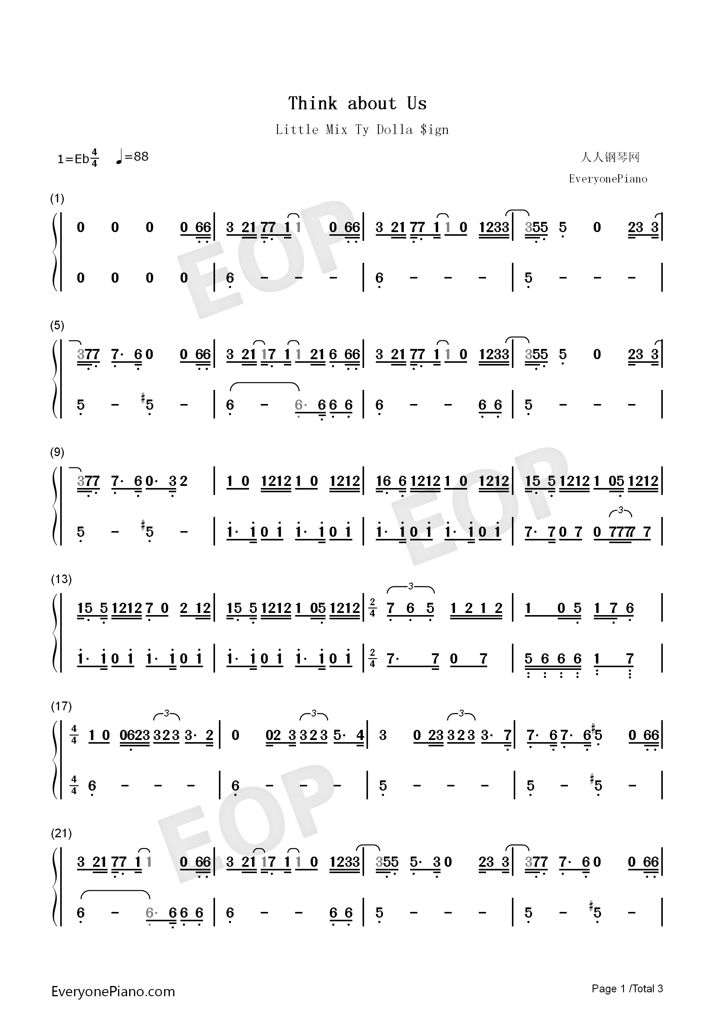 Think_About_Us钢琴简谱_Little_Mix_Ty_Dolla_Sign演唱