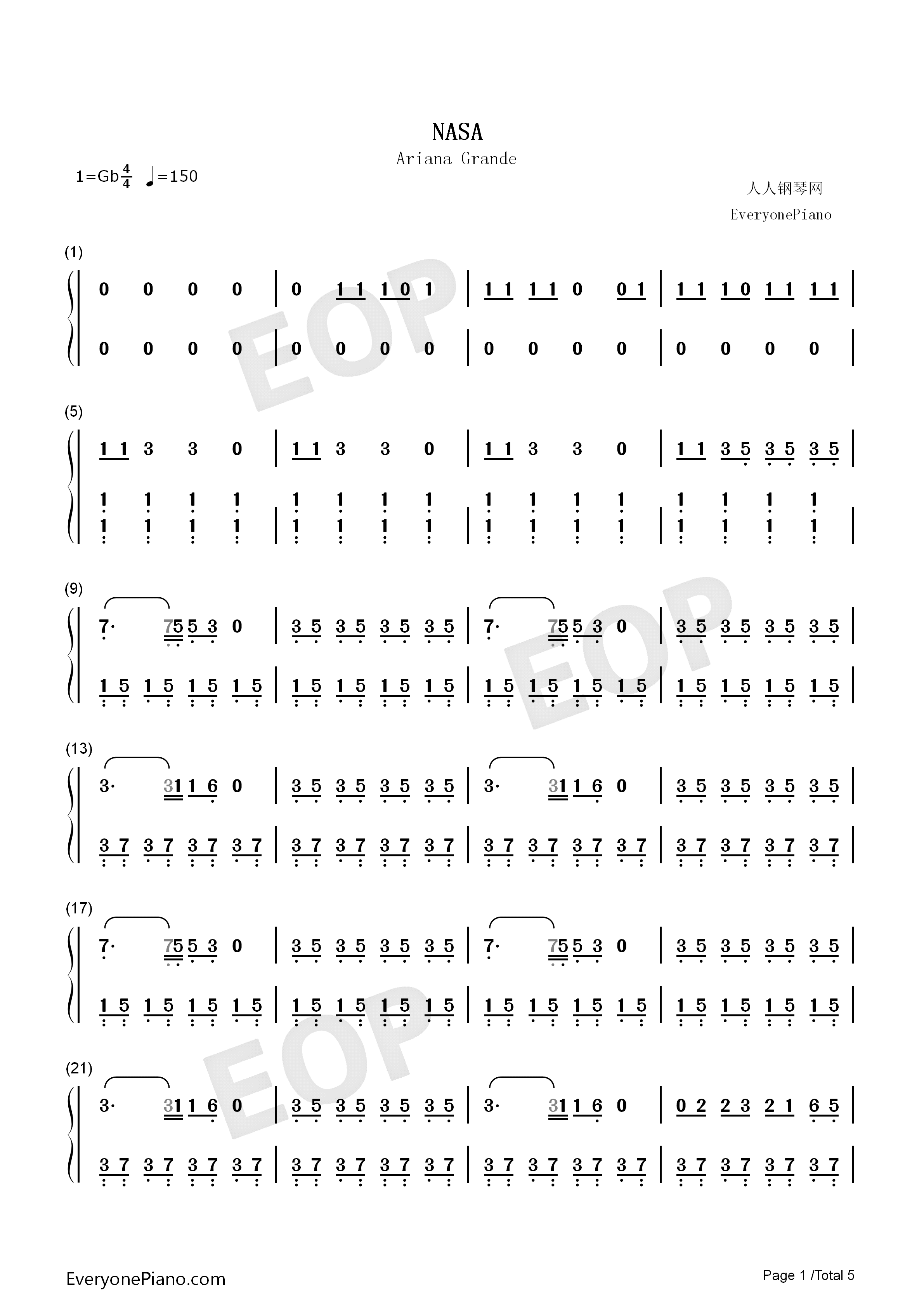 NASA钢琴简谱_Ariana_Grande演唱