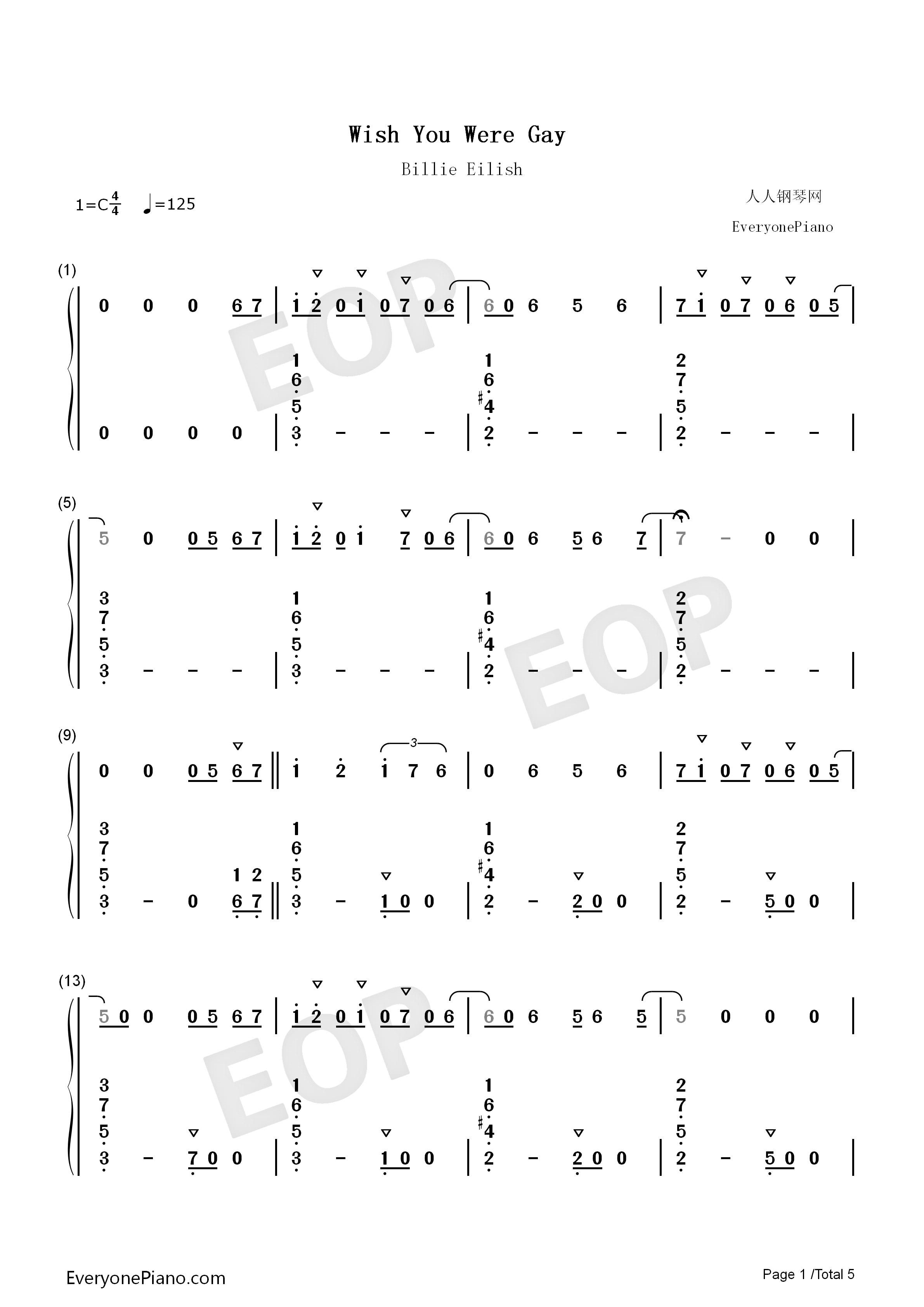 Wish_You_Were_Gay钢琴简谱_Billie_Eilish演唱