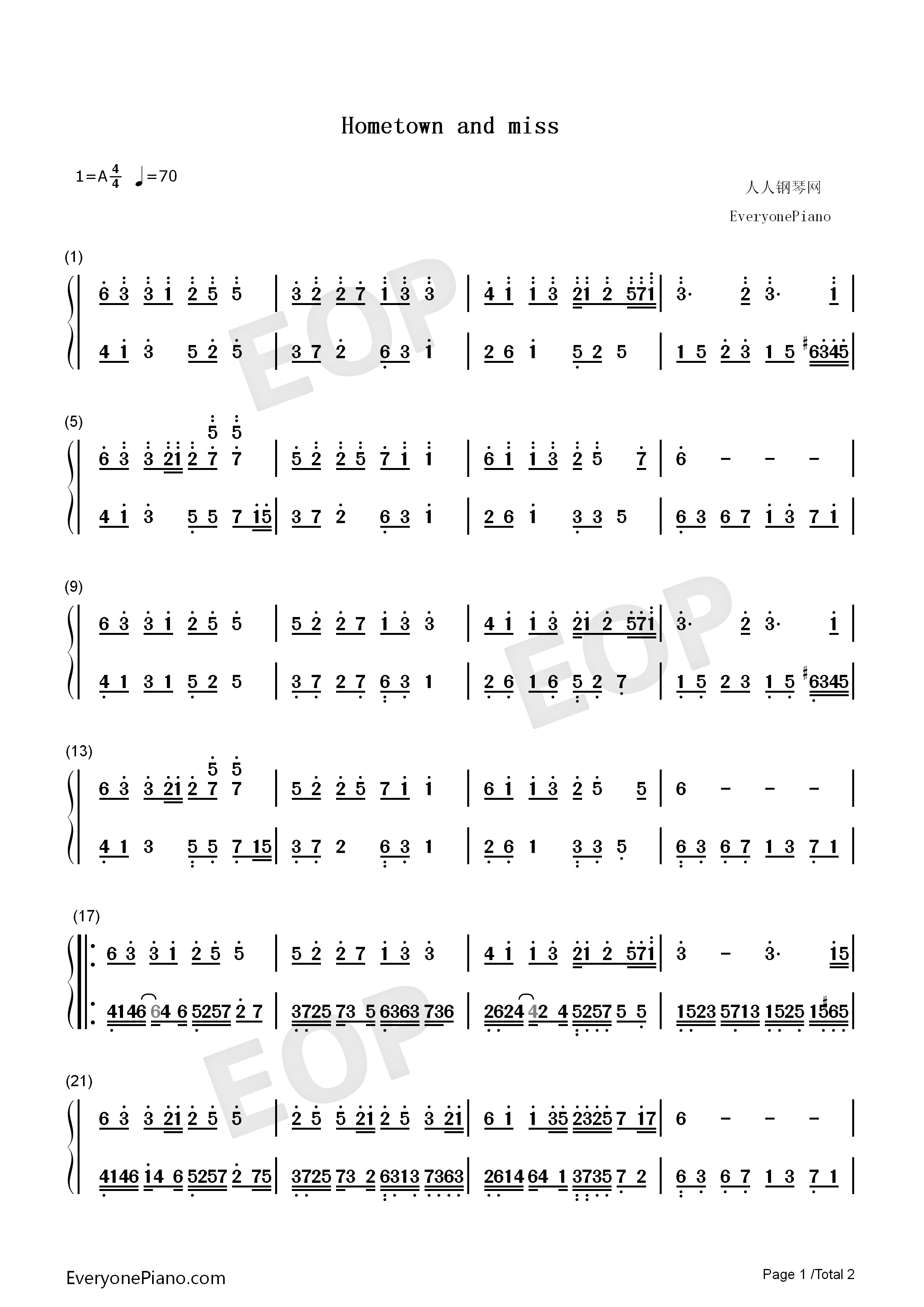 Hometown_and_miss钢琴简谱_小周演唱