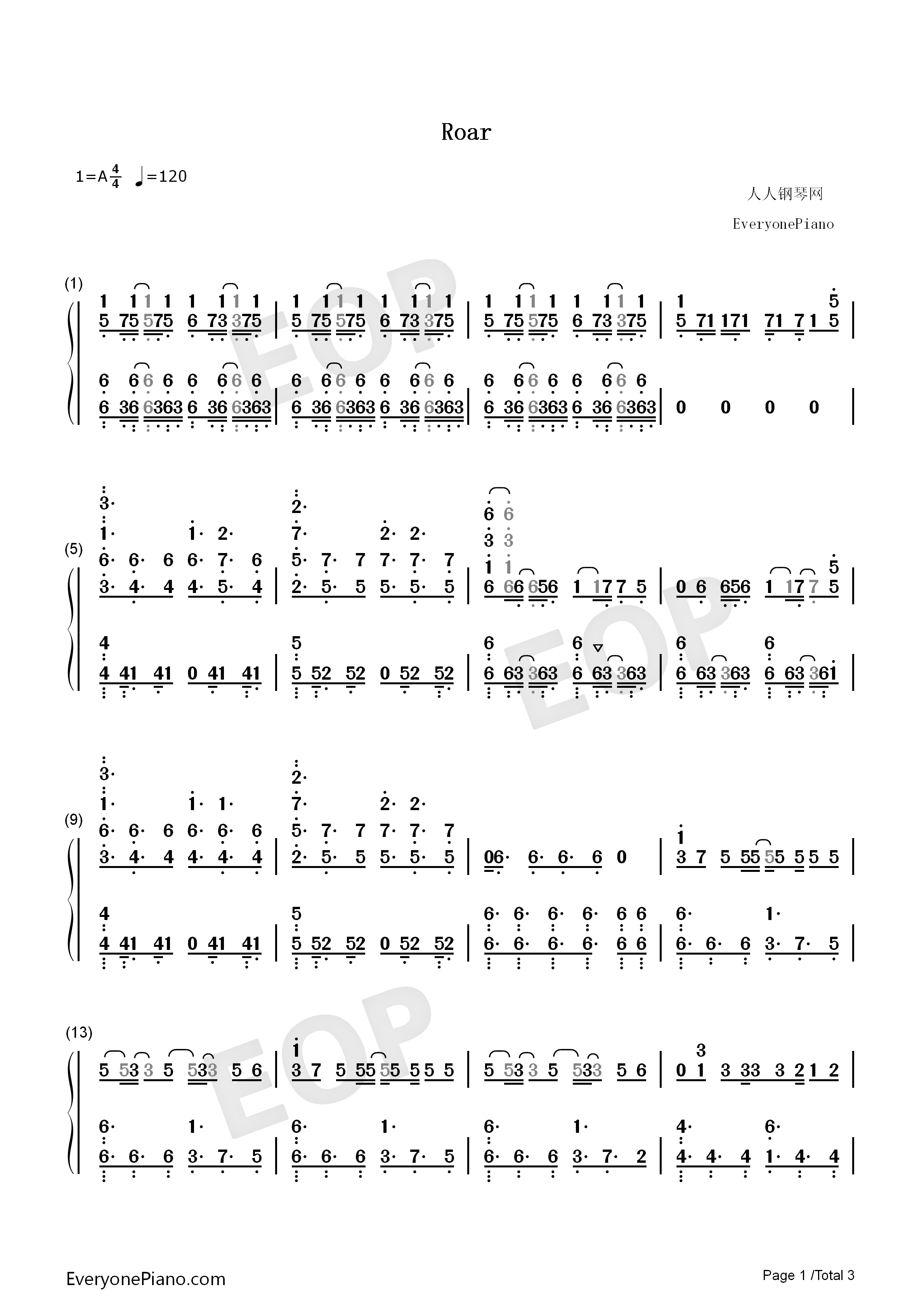 Roar钢琴简谱_黑崎真音演唱