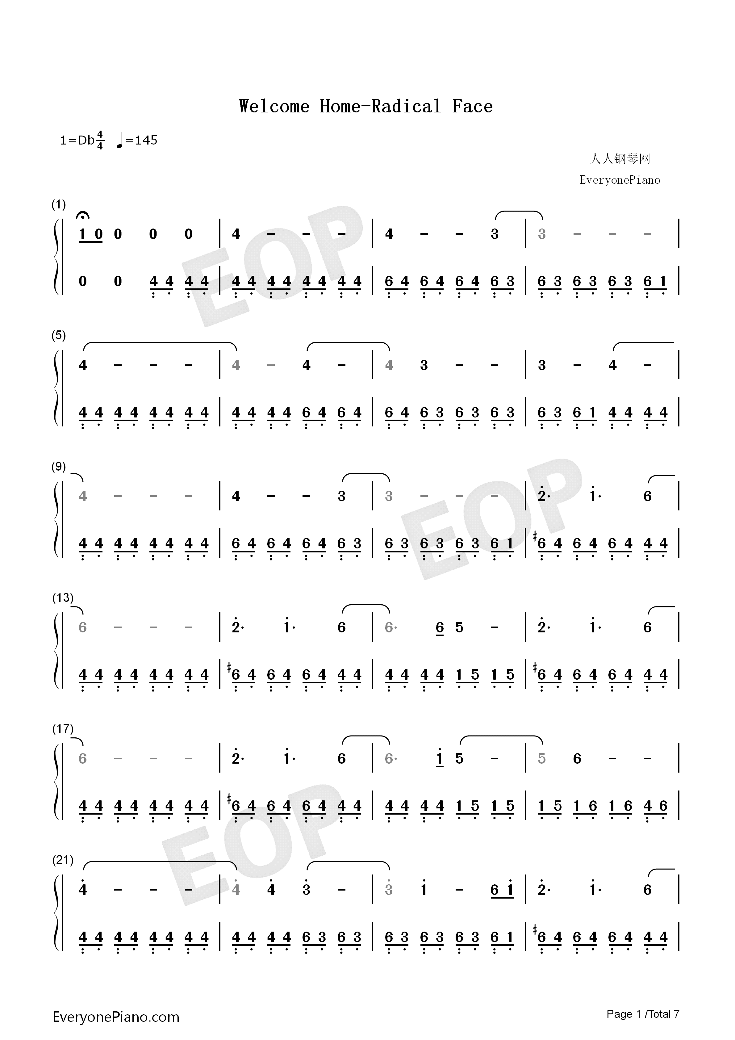 Welcome_Home钢琴简谱_Radical_Face演唱