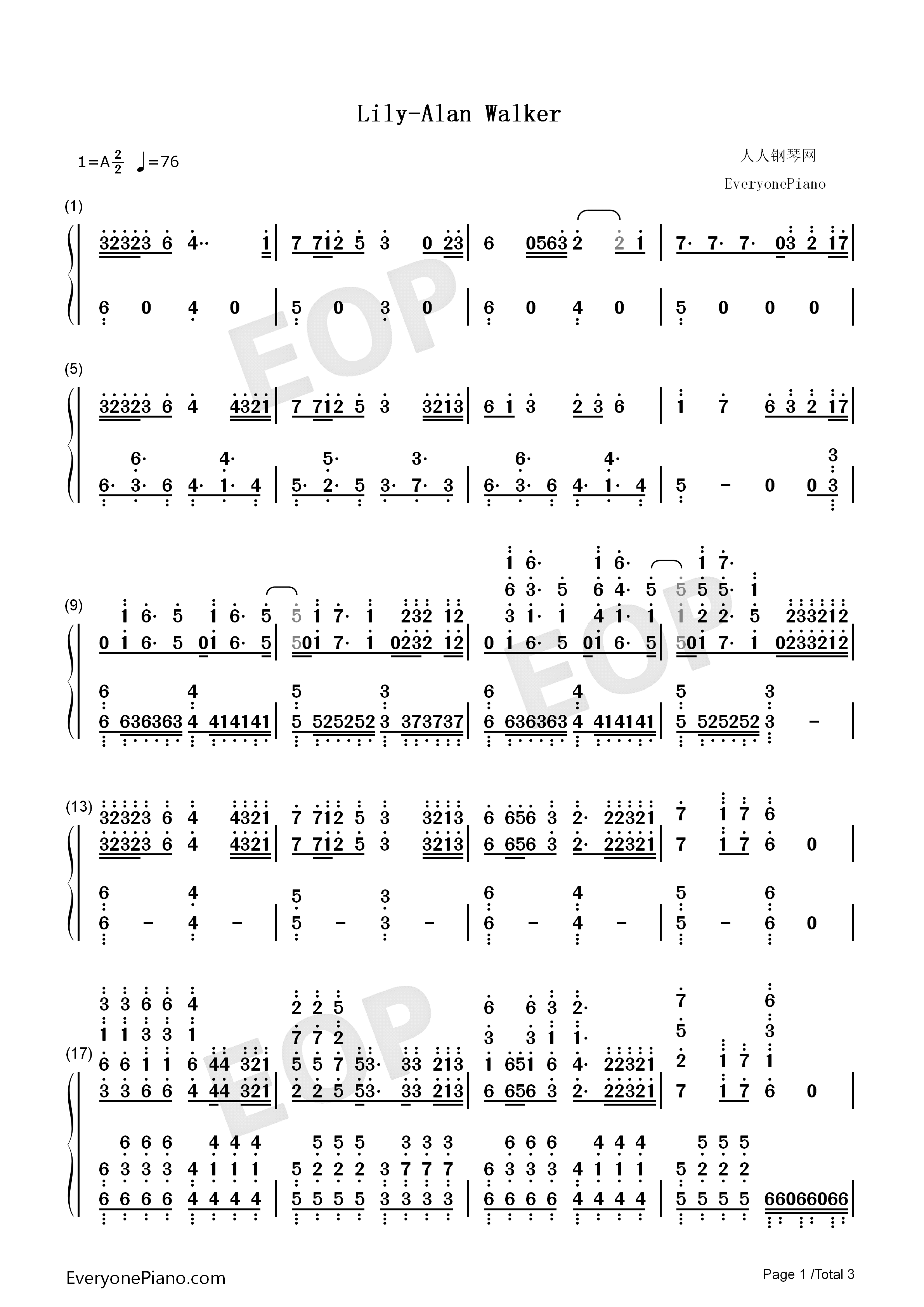 Lily钢琴简谱_Alan_Walker_K_391_Emelie_Hollow演唱