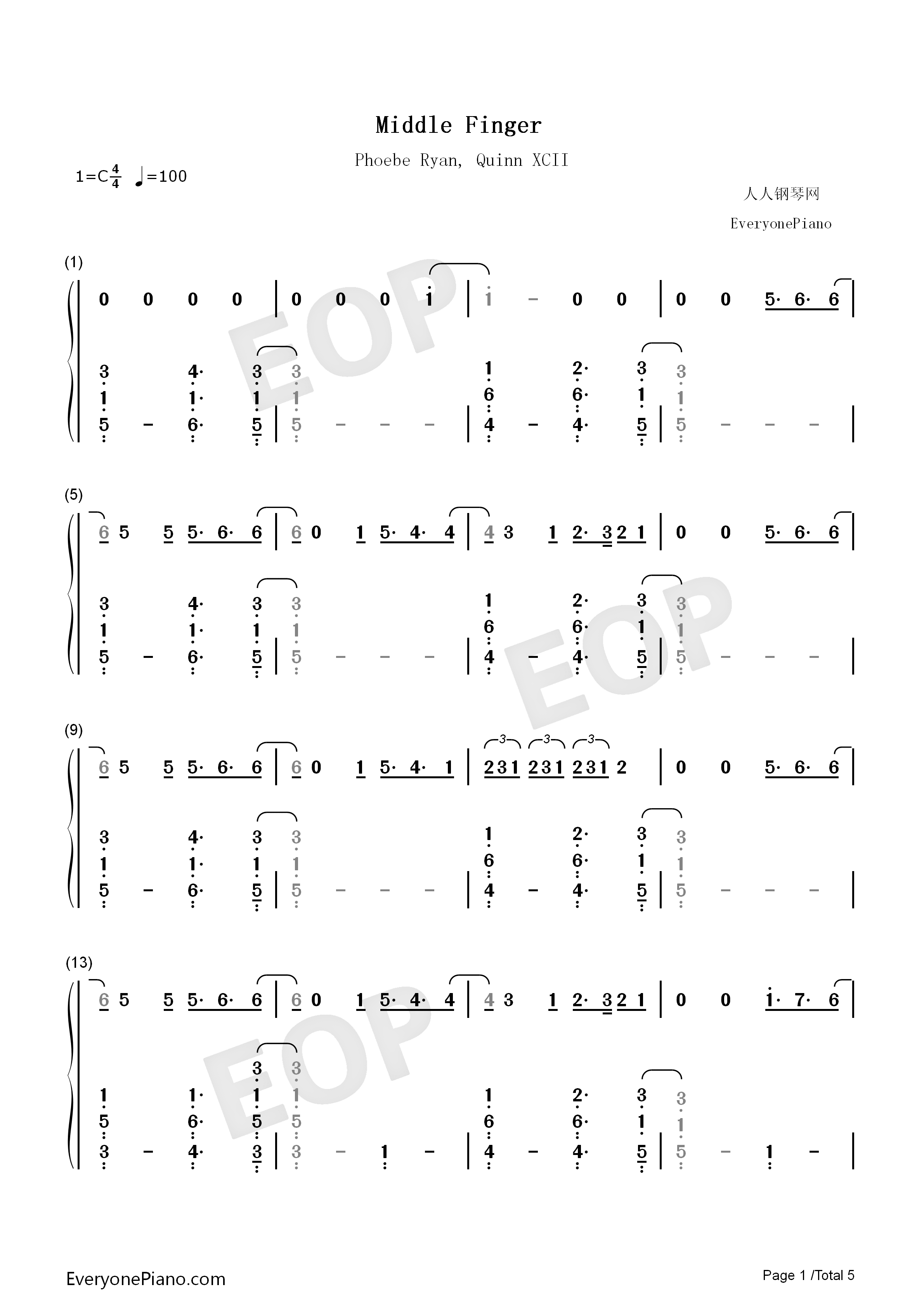 Middle_Finger钢琴简谱_Phoebe_Ryan_Quinn_XCII演唱