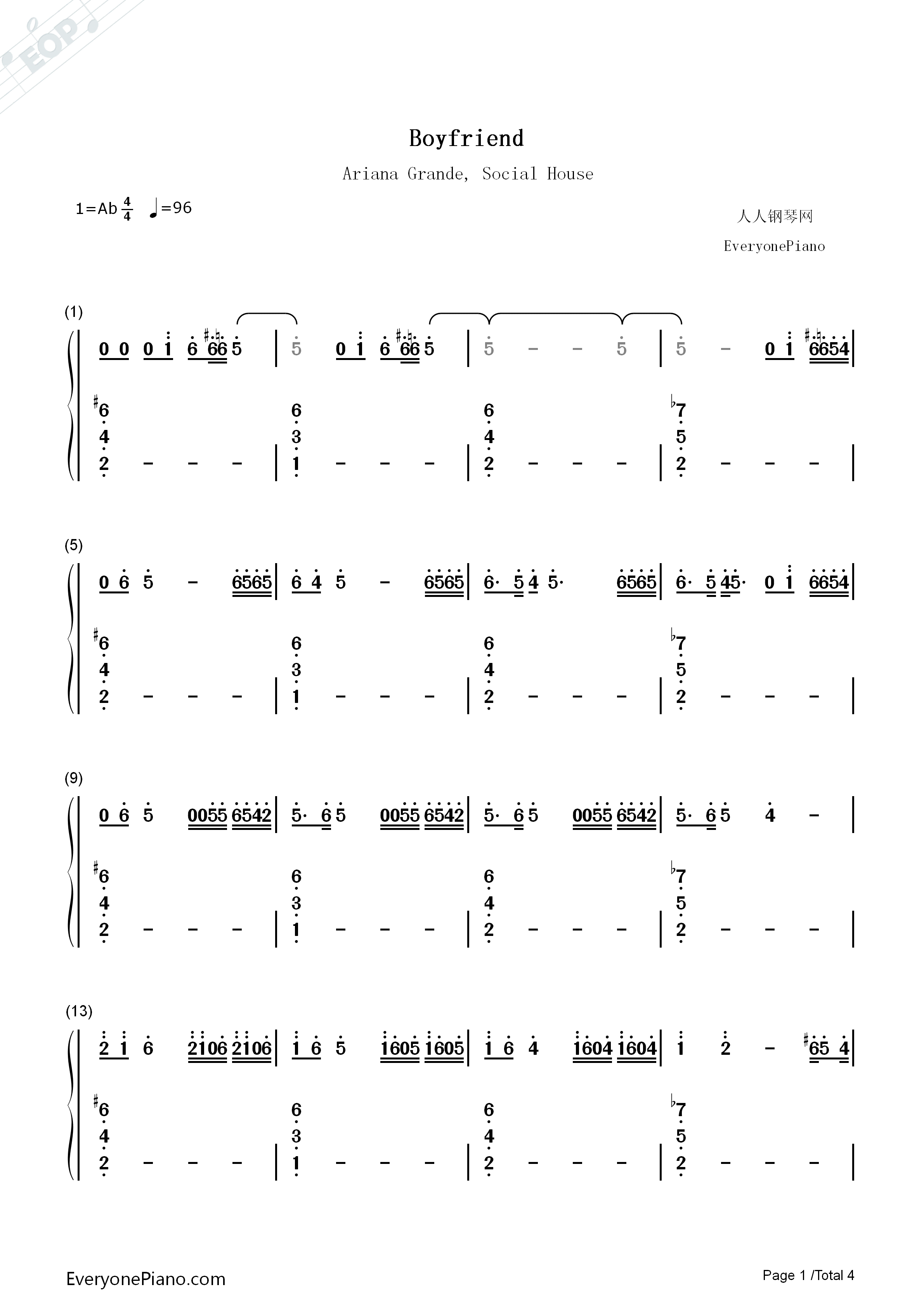 Boyfriend钢琴简谱_Ariana_Grande_Social_House演唱