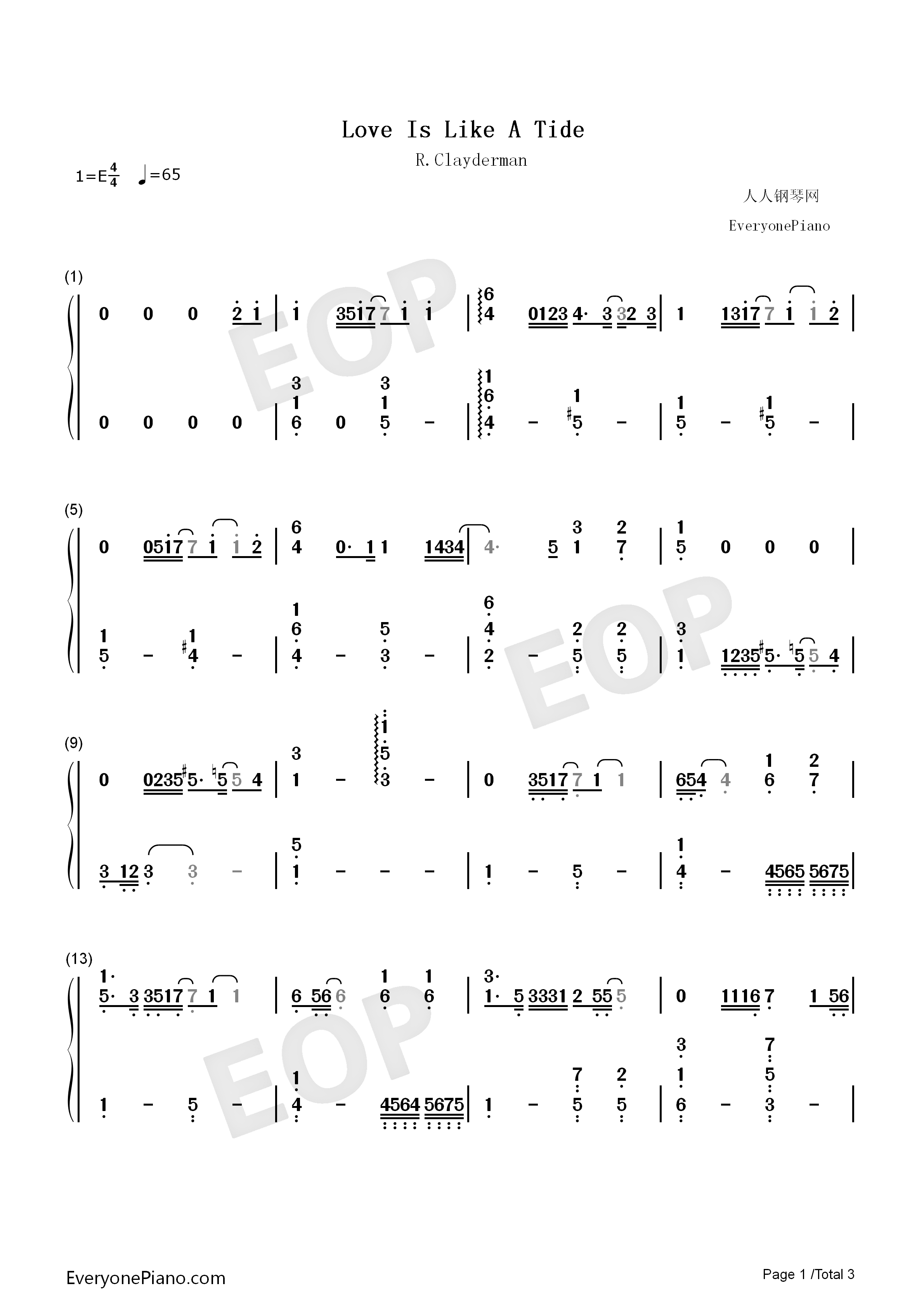 Love_Is_Like_A_Tide钢琴简谱_理查德克莱德曼演唱