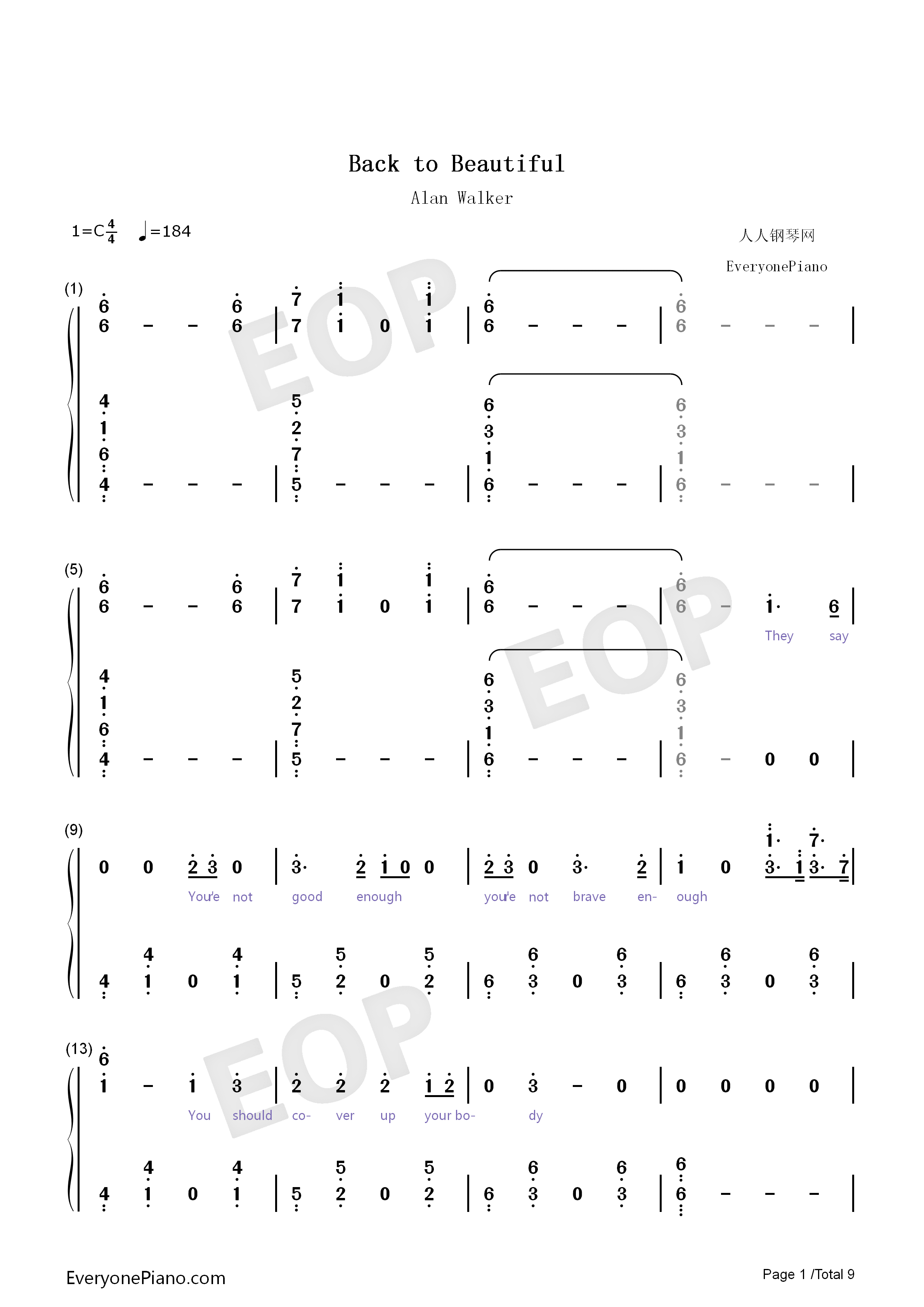 Back_to_Beautiful钢琴简谱_Sofia_Carson_Alan_Walker演唱