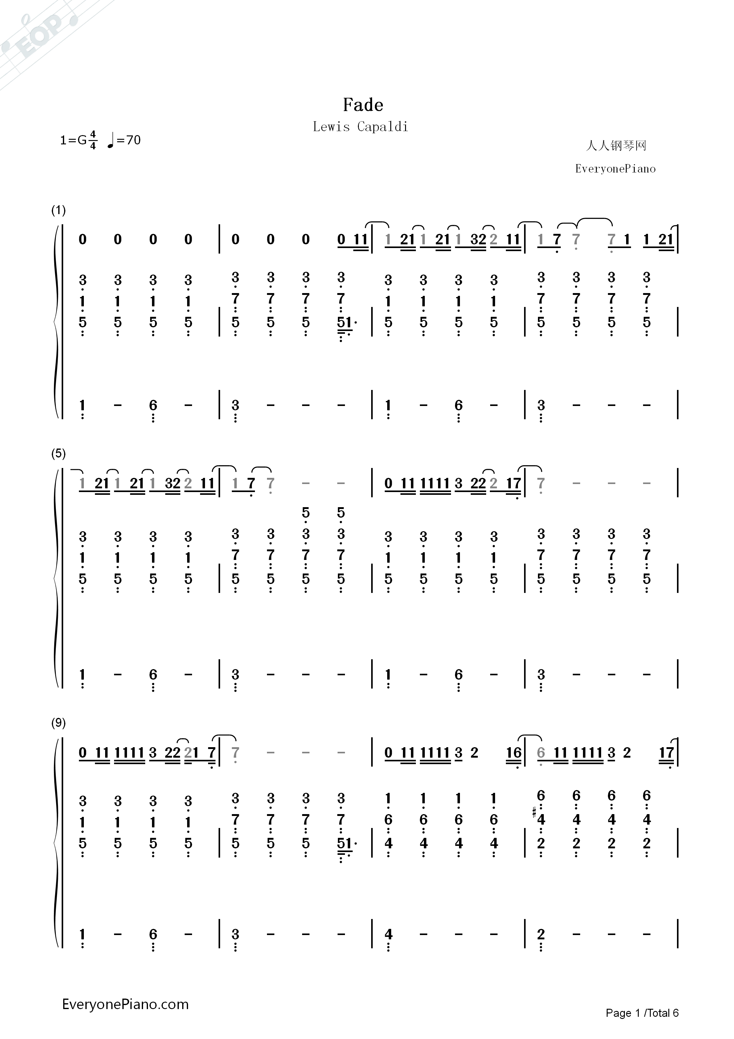 Fade钢琴简谱_Lewis_Capaldi演唱