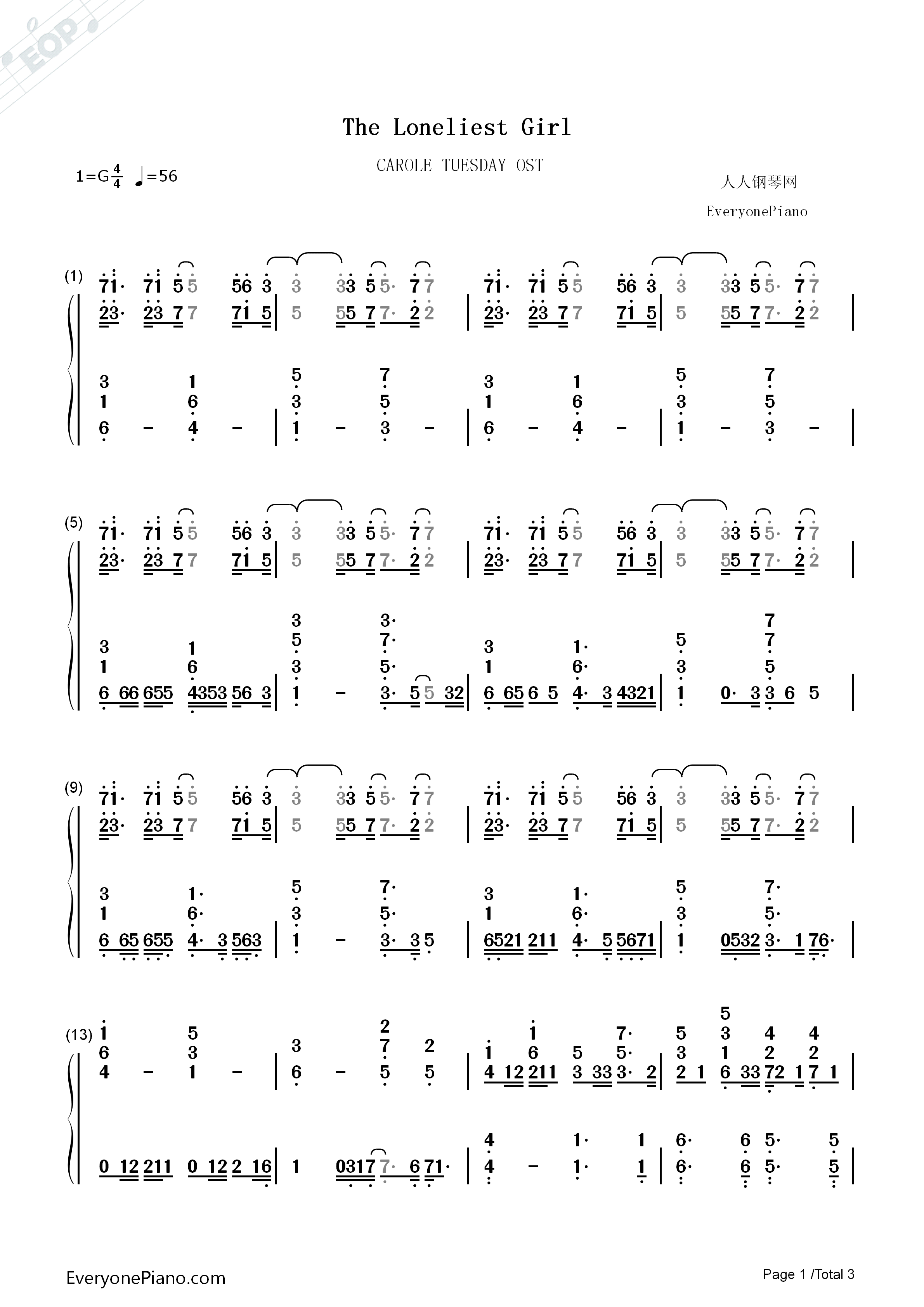 The_Loneliest_Girl钢琴简谱_Nai_Br.XX_Celeina_Ann演唱