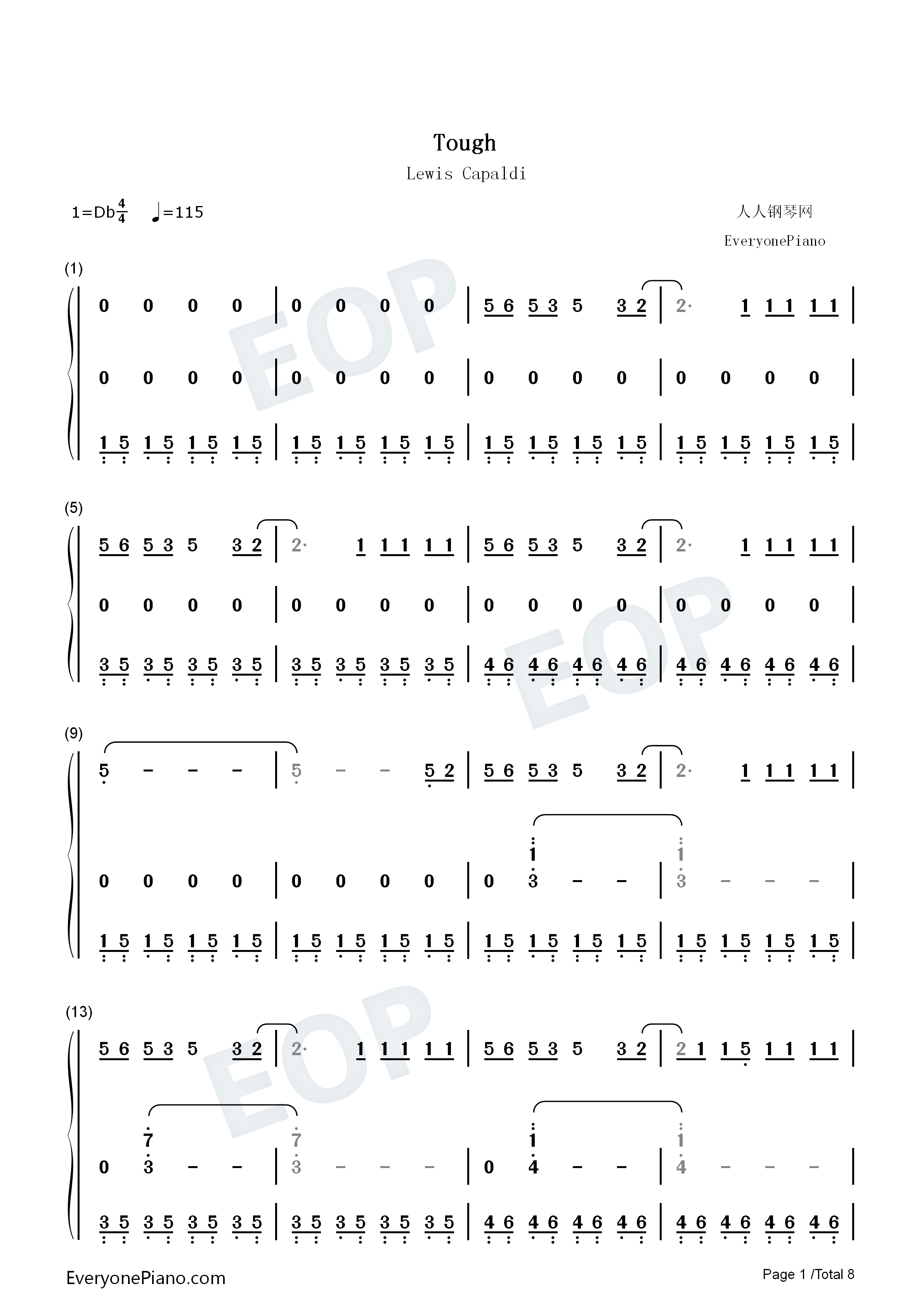 Tough钢琴简谱_Lewis_Capaldi演唱