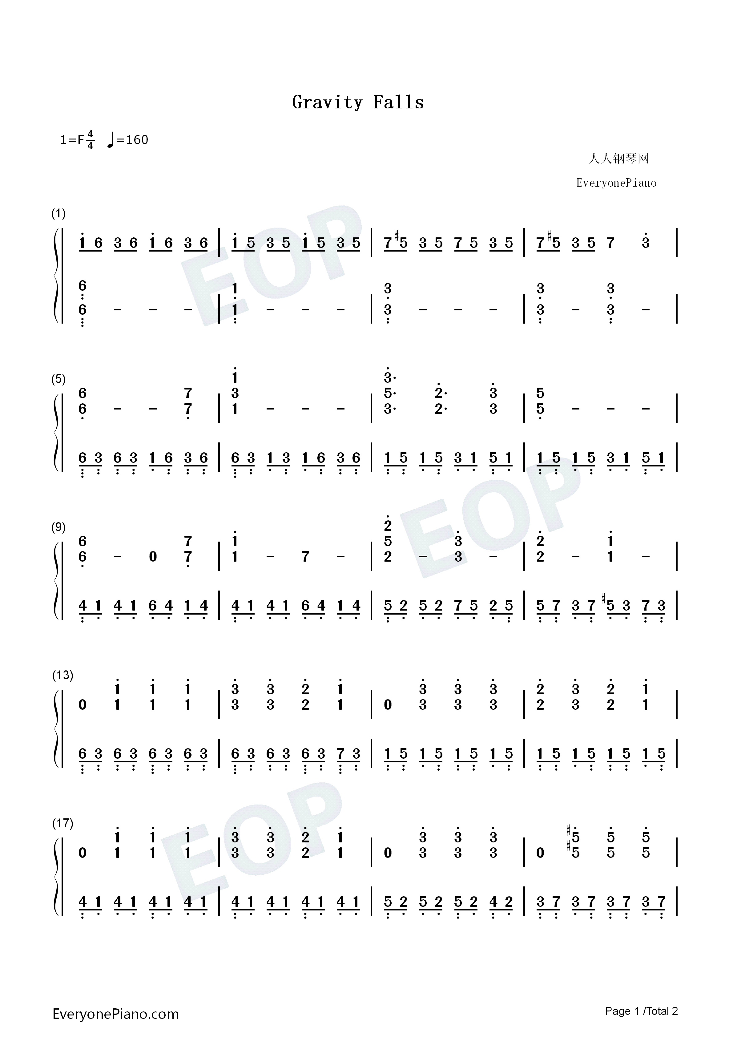 怪诞小镇主题曲钢琴简谱_Brad_Breeck演唱