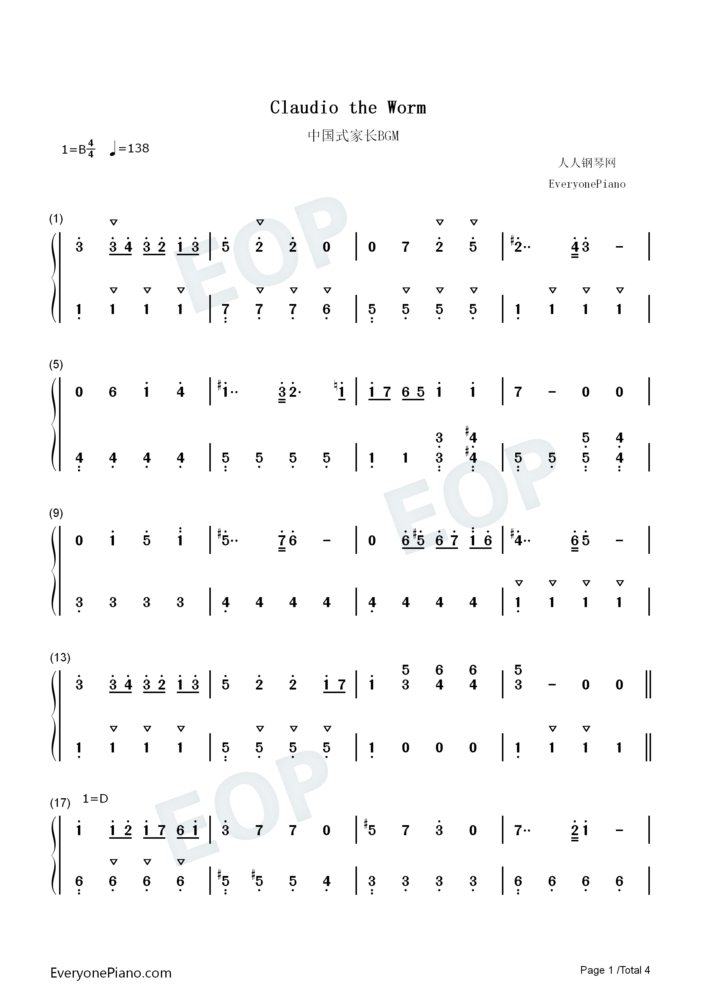 Claudio_the_Worm钢琴简谱_The_Green_Orbs演唱