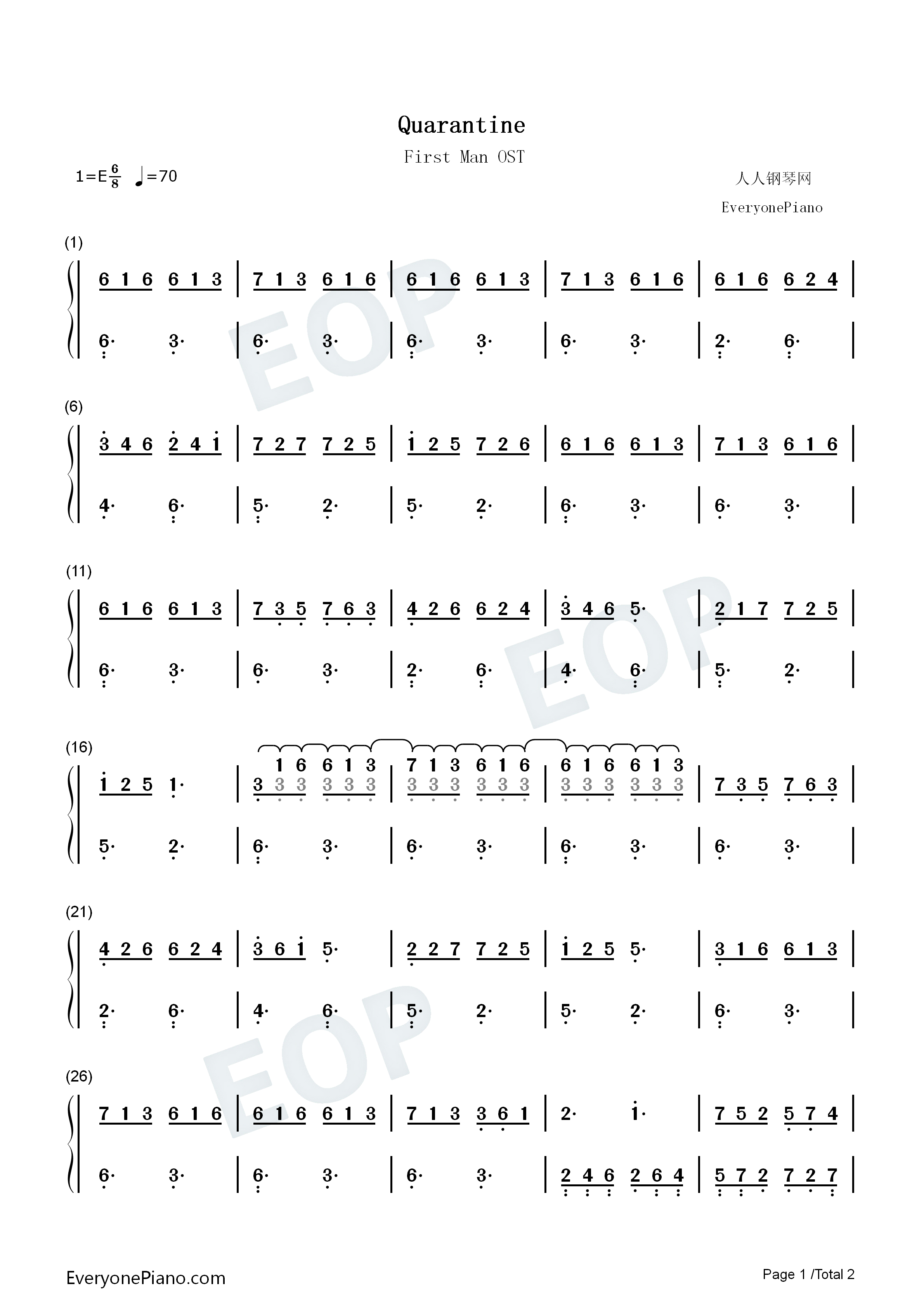 Quarantine钢琴简谱_Justin_Hurwitz演唱