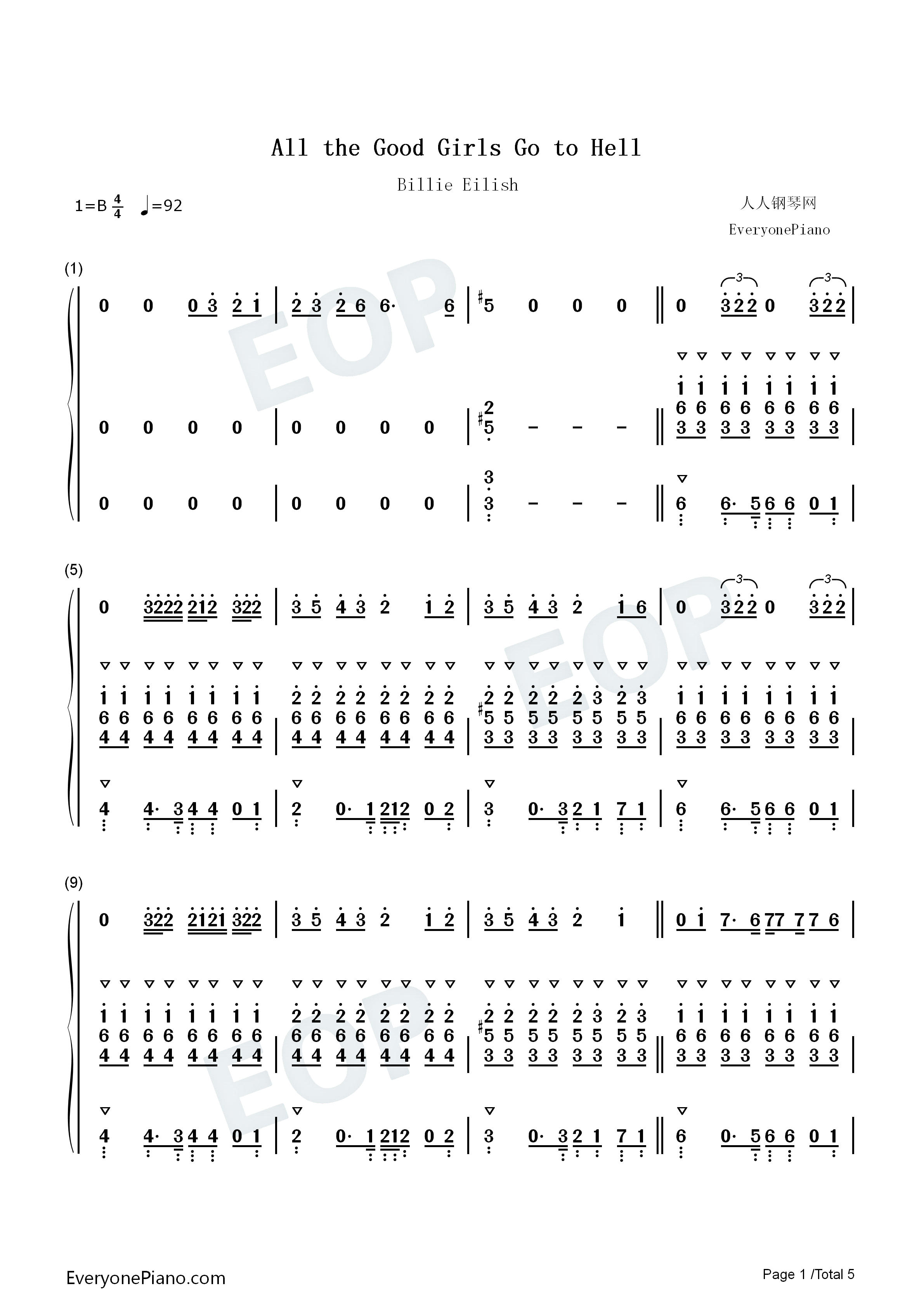 All_the_Good_Girls_Go_to_Hell钢琴简谱_Billie_Eilish演唱